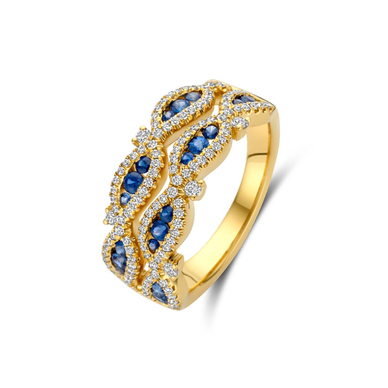 Ring geel goud 18kt met diamanten en bl saffier