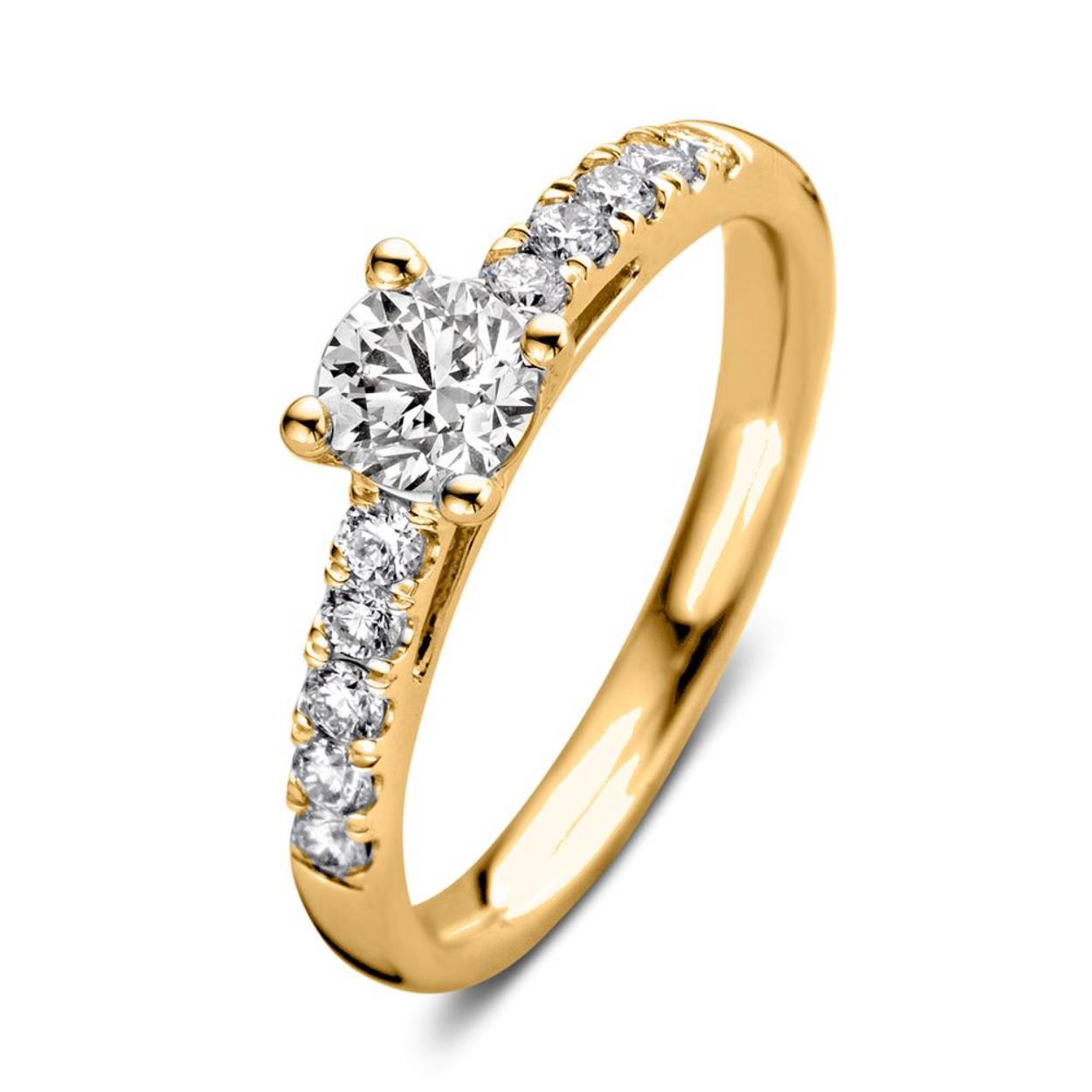 18 Karaat geel gouden Aurore ring met 0.80 crt Lab-Grown Diamonds. Model Mary.
Ring Mary is een absoluut plaatje om te zien. Deze moderne klassieker bevat een prachtige briljant in vierpootszetting omgeven door fijnere briljanten in de scheen. Dankzij de open zetting vangt de diamant veel licht en schittert hij optimaal. Mary is prachtig te combineren met  een gladde of diamanten rijring. Probeer haar voor extra sparkle bijvoorbeeld eens samen met ring Millie.
Kies zelf de gewenste steengrootte van jouw diamanten. Ring Mary is in verschillende maten verkrijgbaar. 