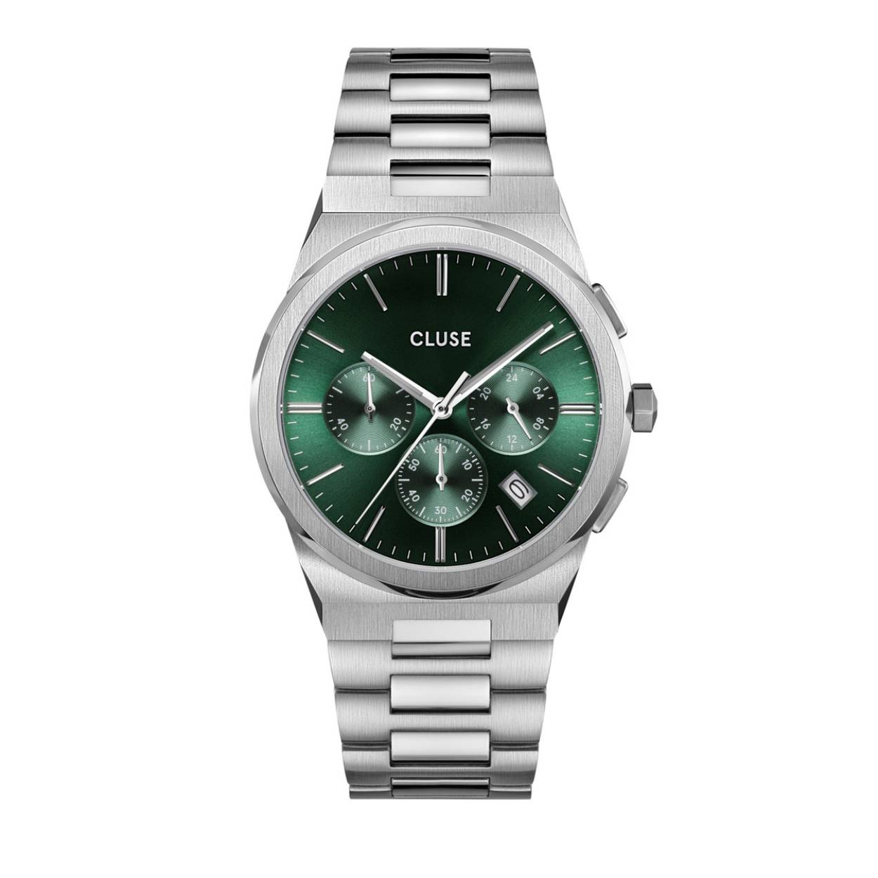  de CLUSE Vigoureux Chrono. Dit Vigoureux Chrono herenhorloge heeft een geïntegreerde zilverkleurige edelstalen horlogeband van 24 mm, een geborstelde en gepolijste zilverkleurige horlogekast van 40 mm en een groene sunray wijzerplaat met drie sub-wijzerplaten met zilverkleurige details. Een sporthorloge van buitengewone kwaliteit, met visuele aantrekkingskracht en een gespreksstarter bij uitstek. 
