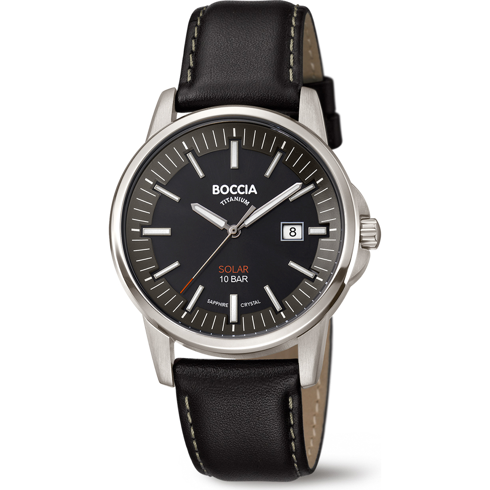 Boccia watch with a titanium case with a diameter of 39mm and is fitted with a leather strap. The case contains a quality movement by the Citzen brand and is finished with sapphire glass and is 10 ATM waterproof. 2 year warranty on the timepiece,