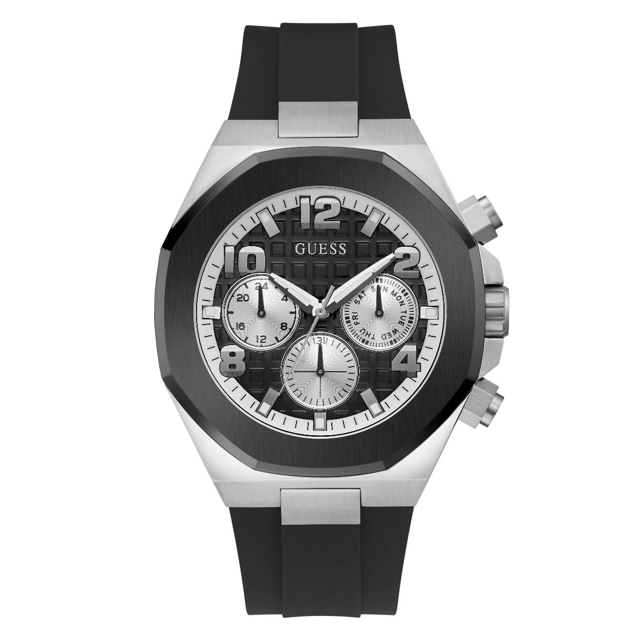 Classic meets modern, dit Guess heren "Empire" horloge, is een prachtig chronolook van 46 mm met een roestvrij stalen kast en zwarte silliconen band. De opvallende donkere wijzerplaat met vierkant patroon heeft dag, datum en 24 uursaanduiding. De Arabische cijfers en de zwarte accenten maken dit horloge helemaal af.  Dit model is 5 ATM waterbestendig en de wijzers zijn voorzien van Super-Luminova coating.