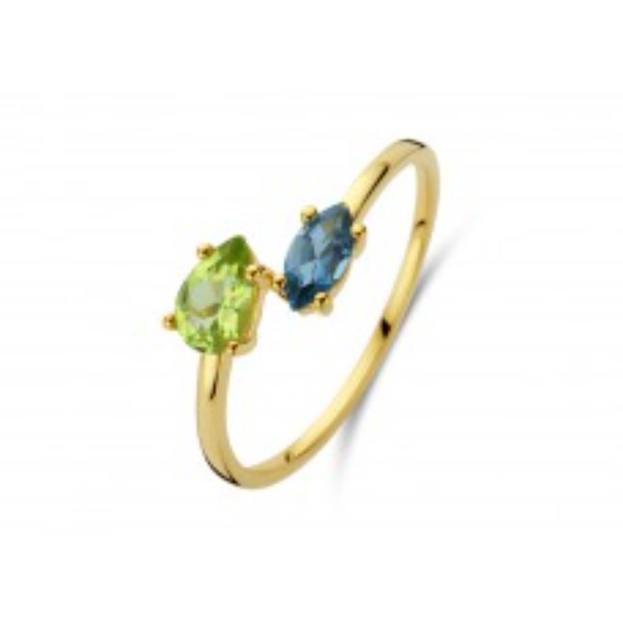 De ring is vervaardigd uit 18 kt geelgoud en gezet met london blue (blauw) en peridot (groen).