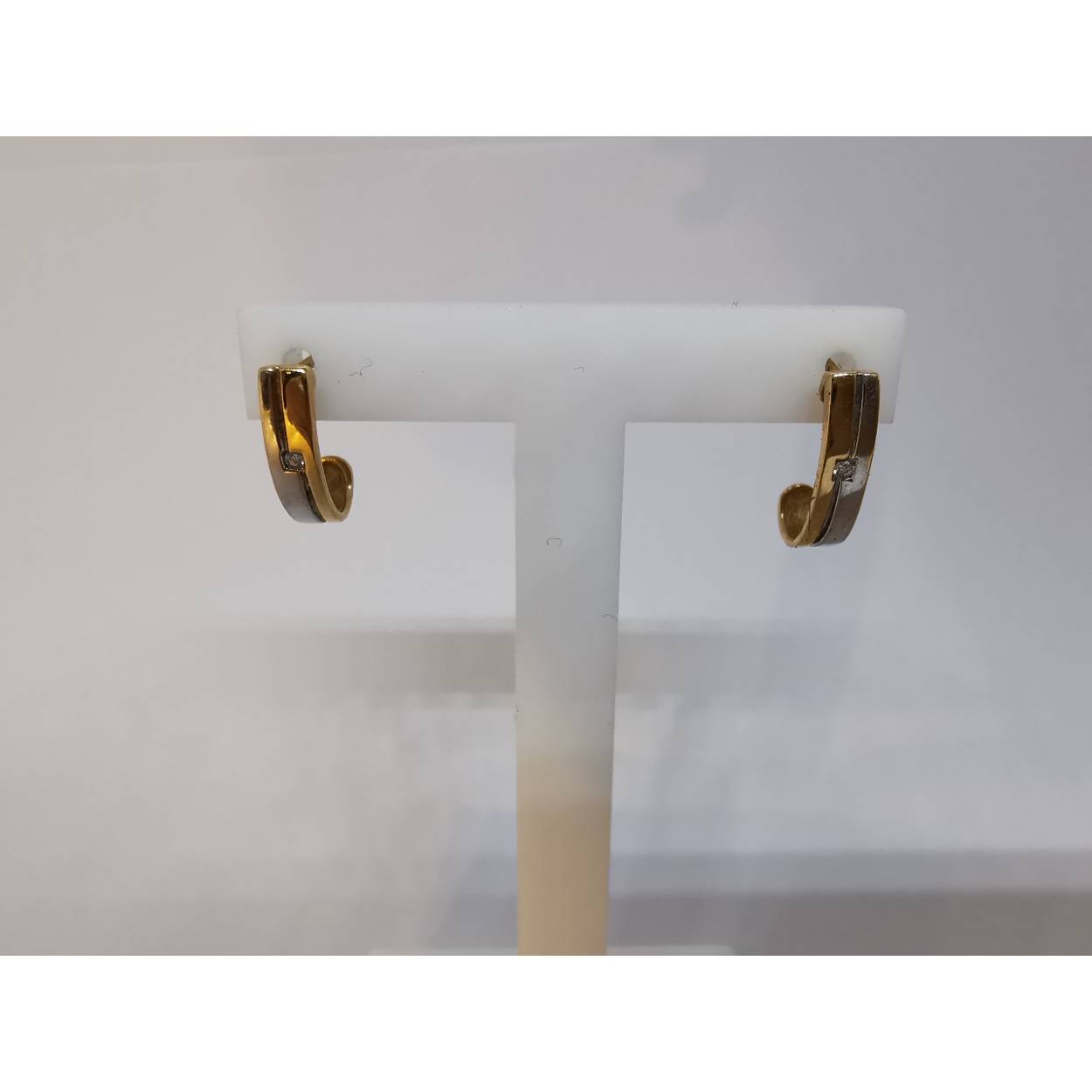 14 karaat bi-color gouden solitair diamanten oorstekers.

Soort: Diamant
Slijpvorm: briljant
Karaat: 0.02
Helderheid: VS
Kleur: G
Aantal: 2
