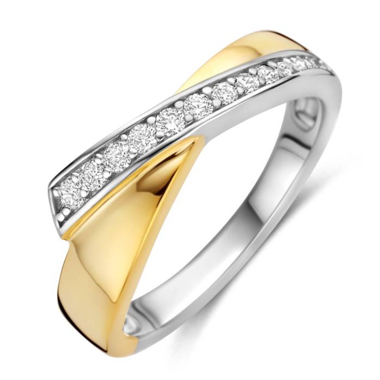 De ring is vervaardigd in zilver met een laagje plaque gezet met zirkonium.