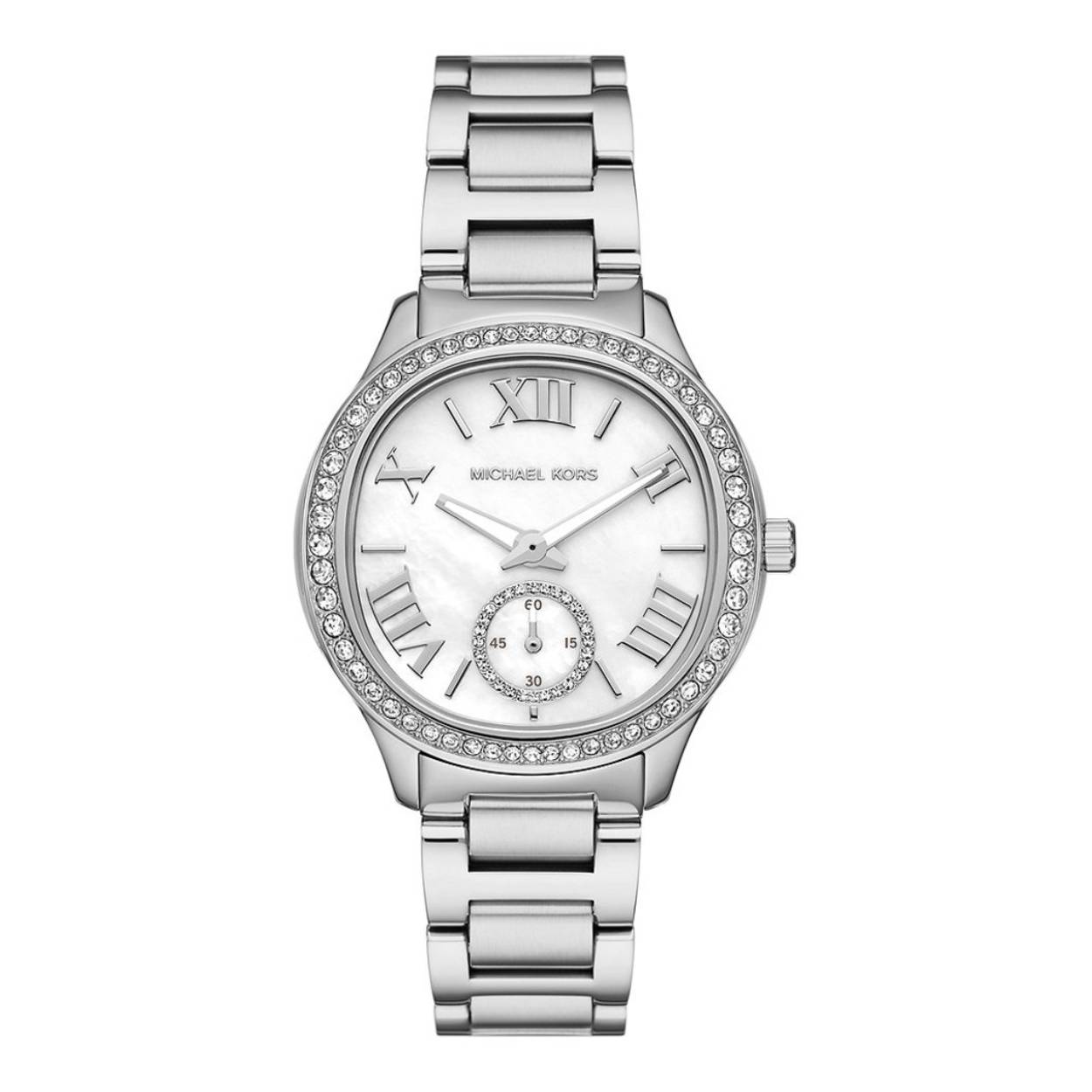Michael Kors Dames Horloge Sage MK4807 heeft een klassieke roestvrijstalen kast gezet met zirkonia steentjes. De duidelijke romeinse cijfers op de parelmoer wijzerplaat zorgen voor een elegant, duidelijke leesbaar horloge.  