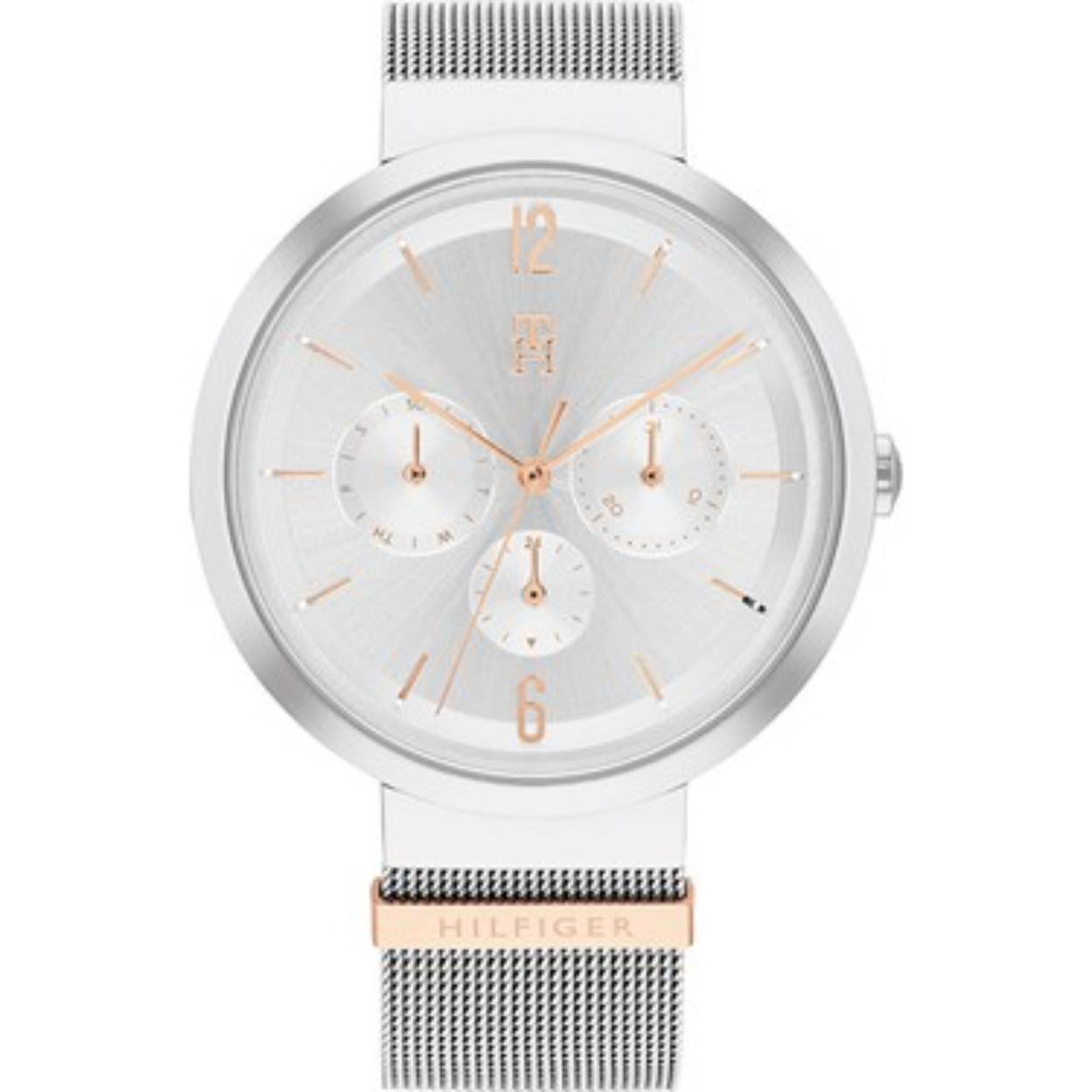 Tommy Hilfiger TH1782537 Horloge Dames Staal Bi-color Milanese band 40mm
Dit zeer unieke horloge van Tommy Hilfiger met artikelnr: TH1782537 is een stijlvol dameshorloge die je zeker aan je collectie kunt toevoegen. Het stalen dameshorloge heeft een ronde zilverkleurige kast met een zilverkleurige wijzerplaat met rosékleurige dag, - datum,- en 24 uursaanduiding. De zilverkleurige milanese band is op een sierlijke manier aan de kast bevestigd en is op lengte verstelbaar door de schuifsluiting. Het horloge heeft een mineraalglas, een doorsnee van 40mm en is 3 ATM.  

Het merk:
Sinds de lancering van het merk in 1985 is Tommy Hilfiger wereldwijd bekend geworden als pionier van de klassieke Amerikaanse coole stijl. Geïnspireerd door de iconische popcultuur en het Amerikaanse erfgoed. De dames en herencollectie van dit seizoen bestaan uit minimalistische silhouetten en rustieke lederen details. De herenhorlogecollectie biedt iconische uurwerken met roestvrijstalen, lederen en siliconen banden.

Specificaties:
- Mineraalglas
- Ronde kast 40mm
- Zilverkleurige horlogekast
- Zilverkleurige wijzerplaat
- Zilverkleurige milanese band 
- 3 ATM