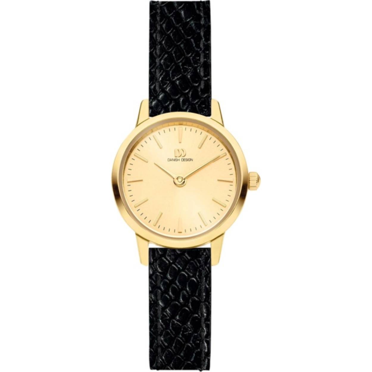  De IV19Q1268 Akilia mini dameshorloge 22 mm van Danish Design is een stoer en strak horloge dat geschikt is voor alle gelegenheden. De dunne kast is gemaakt van goudkleurig edelstaal. Onder het mineraal glas ligt een ronde goudkleurige wijzerplaat. Krachtig in combinatie met de zwarte lederen armband. Een prachtig horloge voor iedere vrouw. Een horloge om trots op te zijn.