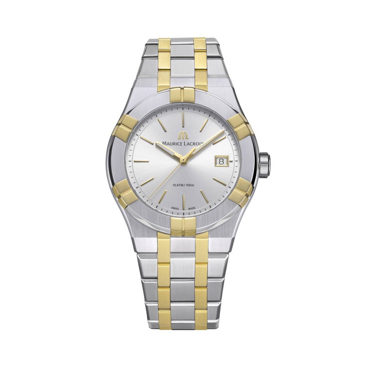 Dit is een horloge van het merk Maurice Lacroix.
De specificaties zijn als volgt:
Kastmaat: 40 mm
Kastdikte: 9 mm
Bandbreedte: 23
Waterdichtheid: 10 ATM / 100 Meter / 330 Feet
Dit horloge heeft de volgende functies/eigenschappen:
Datumaanduiding