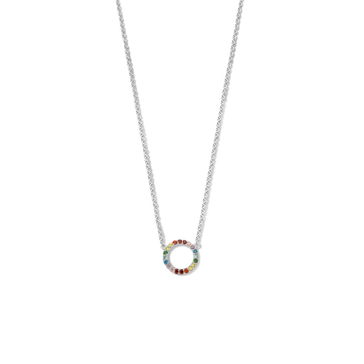 Gerhodineerd 925 zilveren collier uitgevoerd met gekleurd zirkonia en een karabijn sluiting. Het collier heeft een draaglengte van 45cm met een extensie van 5cm.