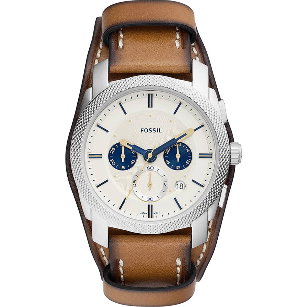 Fossil heren horloge leder Chrono wit/blauw bruin leer FS5922
 met brede band