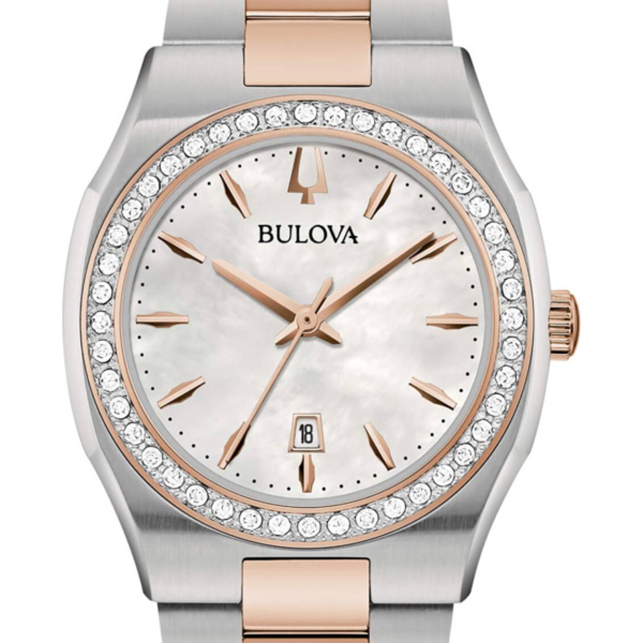 Parelmoer wijzerplaat. Staal met diamanten. Vlindersluiting. 22 diamanten op de bezel