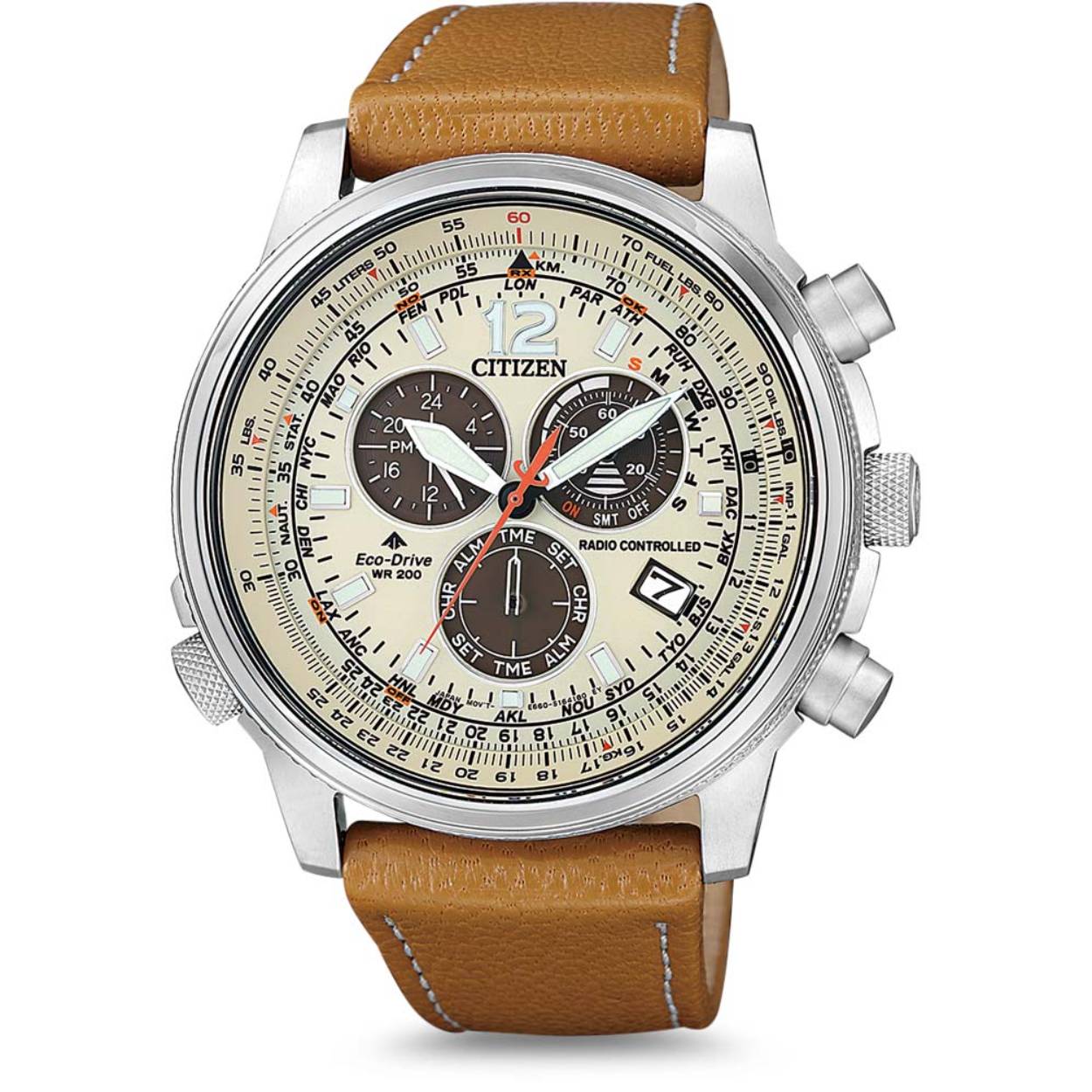 Dit zendergestuurd horloge van het merk Citizen is een prachtig horloge. Het horloge heeft een kast gemaakt van staal en een bruine band gemaakt van leder. Met de functie: Stopfunctie