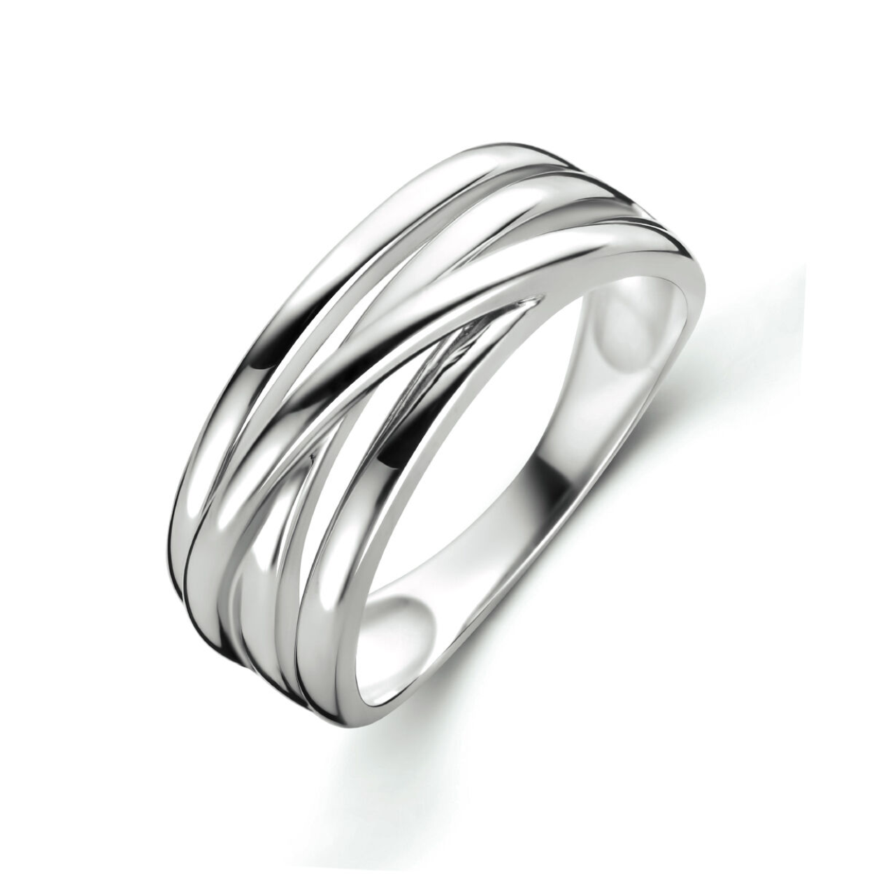 Zilveren Ring Cross over 8 mm 
Gerhodineerd 925 zilveren ring met een breedte van 8 mm