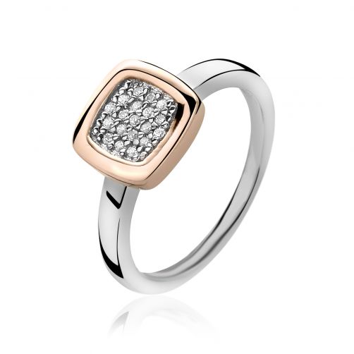 zilveren ring met een rosé vergulden rand en zirkonia's.