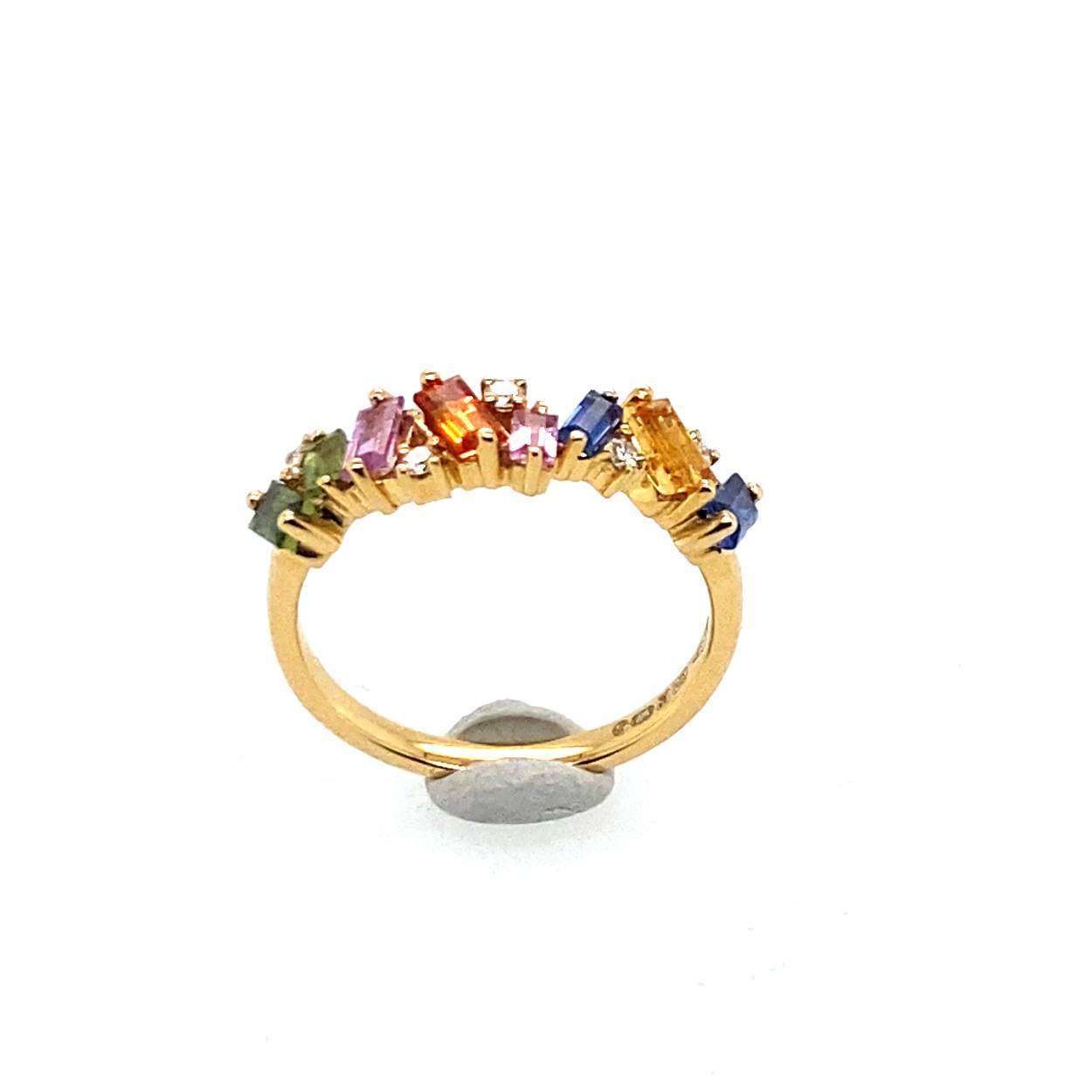 18 krt geelgouden damesring met multicolor saffier en diamant 0.08ct