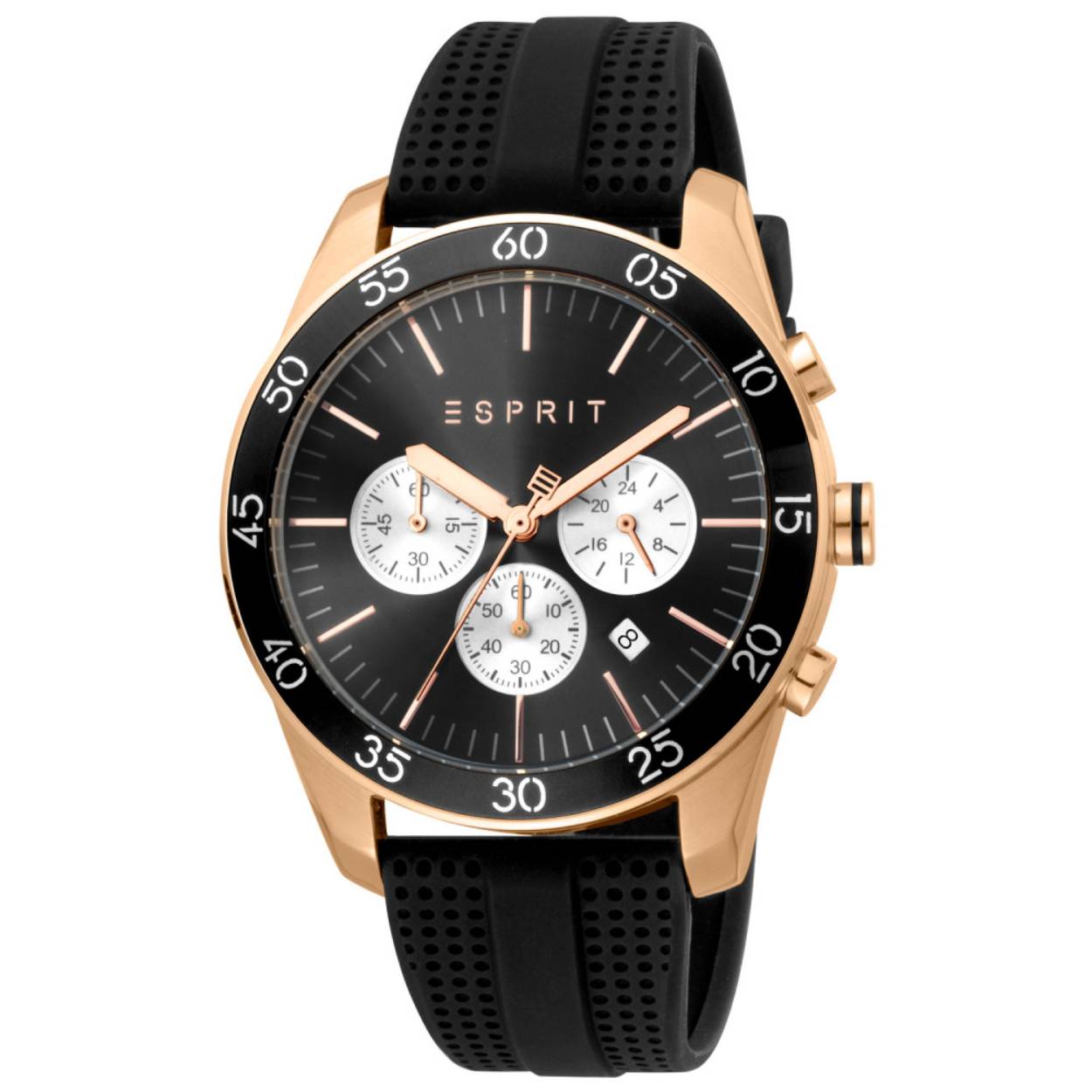 Dit heren horloge is van het merk Esprit. Het is een quartz horloge met een datum aanduiding. De band is gemaakt van silconenrubber band. De diameter van de kast is 44mm.