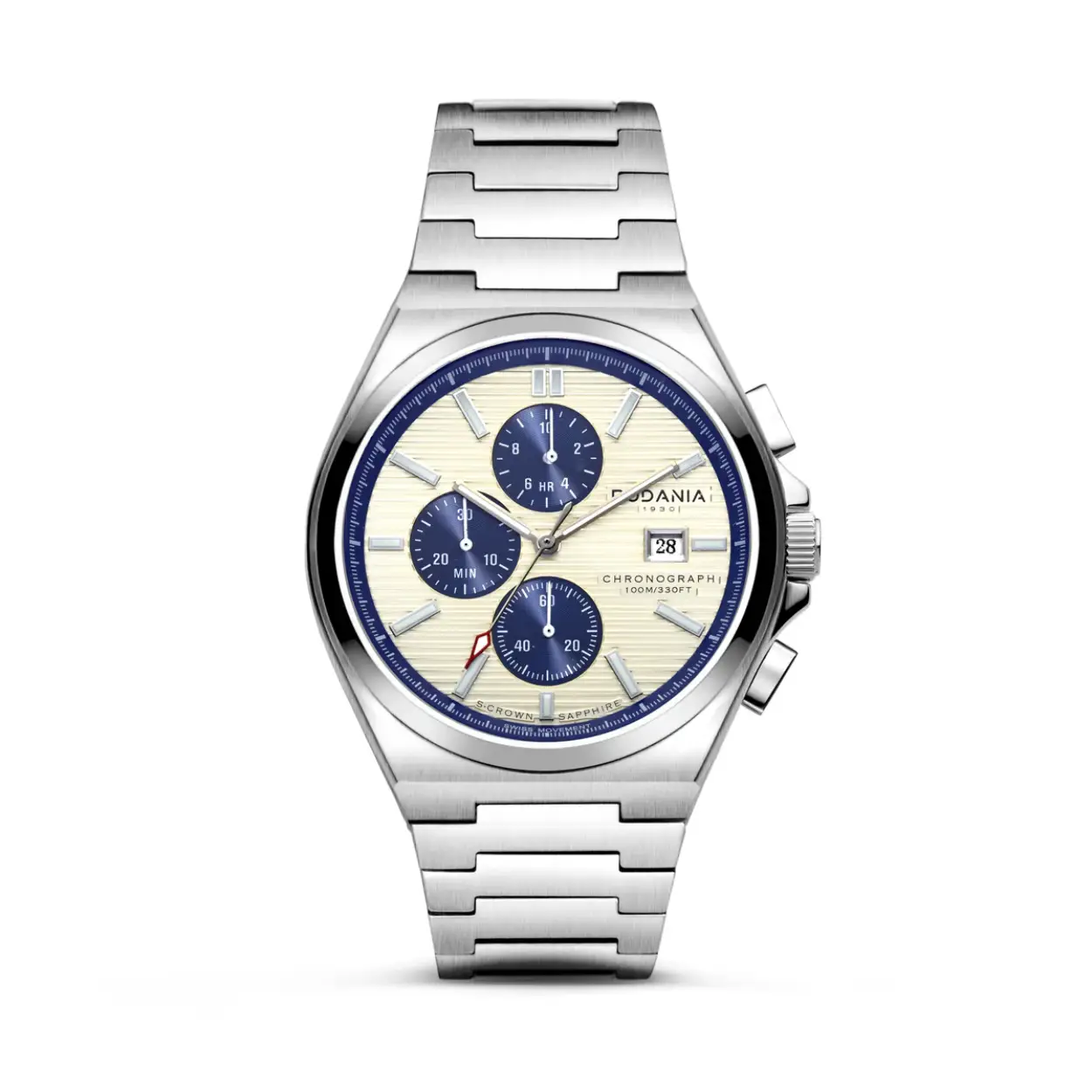 Rodania herenhorloge, chrono, edelstaal, saffierglas, 10ATM, zwitsers uurwerk, schroefkroon. 