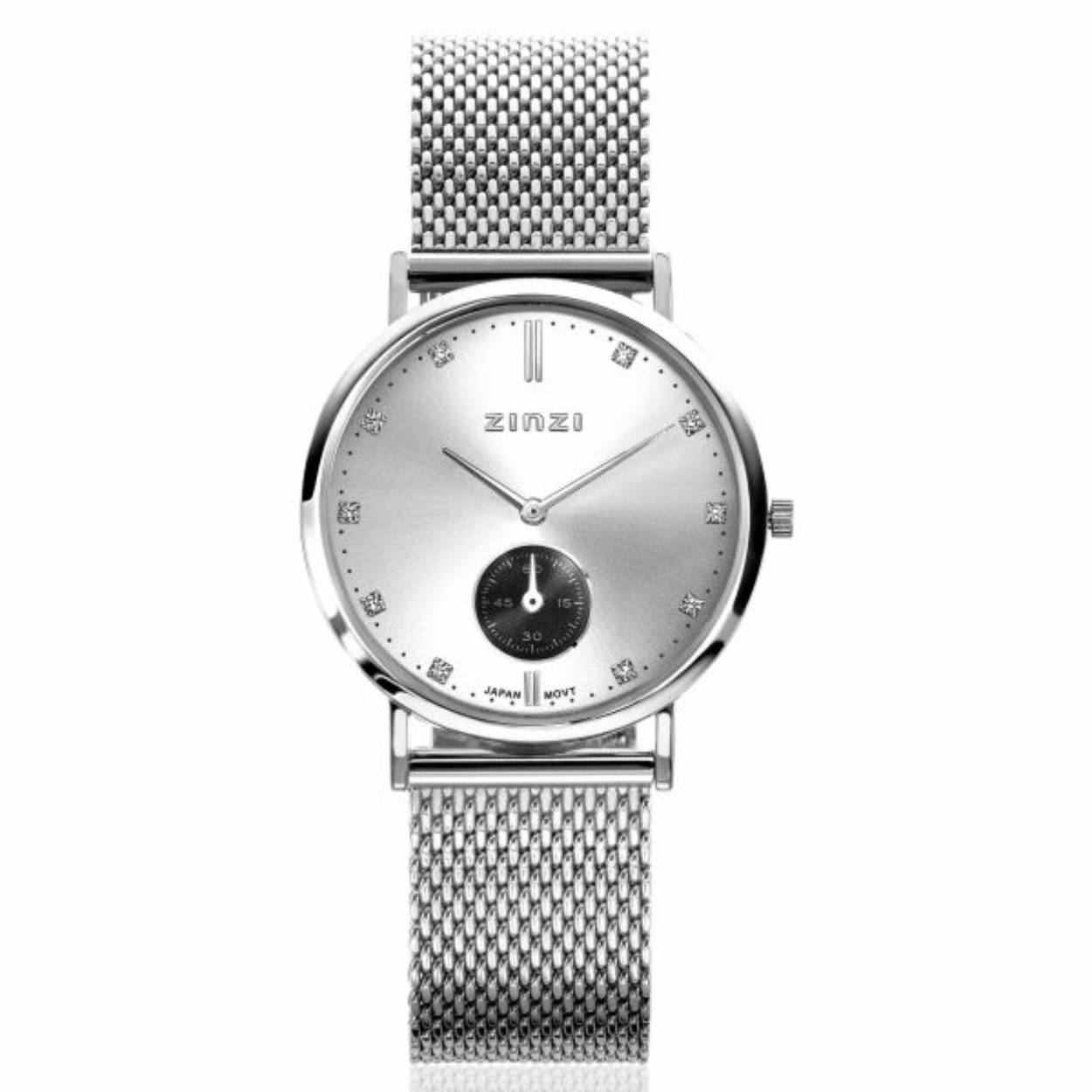 ZINZI Roman horloge zwarte wijzerplaat en kast met rosé wijzers zwarte stalen mesh band