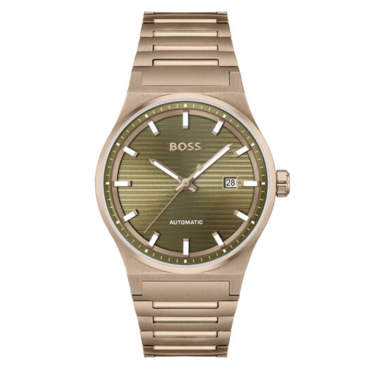 BOSS HB1514184 CANDOR AUTOMATIC Herenhorloge 41mm 
Dit BOSS horloge uit de CANDOR AUTOMATIC serie met artikelnr: HB1514184 heeft een luxe uitstraling. Zeer geschikt voor de moderne stijlvolle man van nu. Het herenhorloge valt op door zijn stalen beige goudkleurige horlogekast met een bewerkte bezel en een olijfgroene bewerkte wijzerplaat met een datum. Opvallend zijn de wijzers en de strepen die met lumibrite zijn ingelegd. De achterdeksel is deels van glas waardoor het uurwerk mooi zichtbaar is. Aan de kast zit een fijne beige goudkleurige schakelband met vouwsluiting. Het horloge heeft een doorsnee van 41mm met een mineraalglas en is 5ATM. 

HET MERK:
HUGO BOSS is afgestemd op levensstijlen waar het gaat om kwaliteit en precisie. Het wereldwijde fashionlabel is verdeeld in twee merken: BOSS en HUGO. Het merk BOSS biedt geavanceerde, moderne horloges gericht op kwaliteit en design om een onberispelijke look te creëren – of het nu zakelijk, casual of sportief is. De horloge collectie van BOSS is perfect afgestemd op levensstijlen waar het gaat om kwaliteit en precisie. BOSS is op maat gemaakt in een onberispelijke stijl.

Blijf stijlvol bij de tijd. Voor de BOSS-vrouw is stijl het handelsmerk en draait alles om
details. Breng uw look naar een hoger niveau met onze nieuwe en kenmerkende horlogecollectie.

SPECIFICATIES:
- Mineraalglas
- Ronde kastvorm, Ø 41mm
- Stalen horlogekast
- Olijfgroene wijzerplaat
- Stalen schakelband
- 5ATM