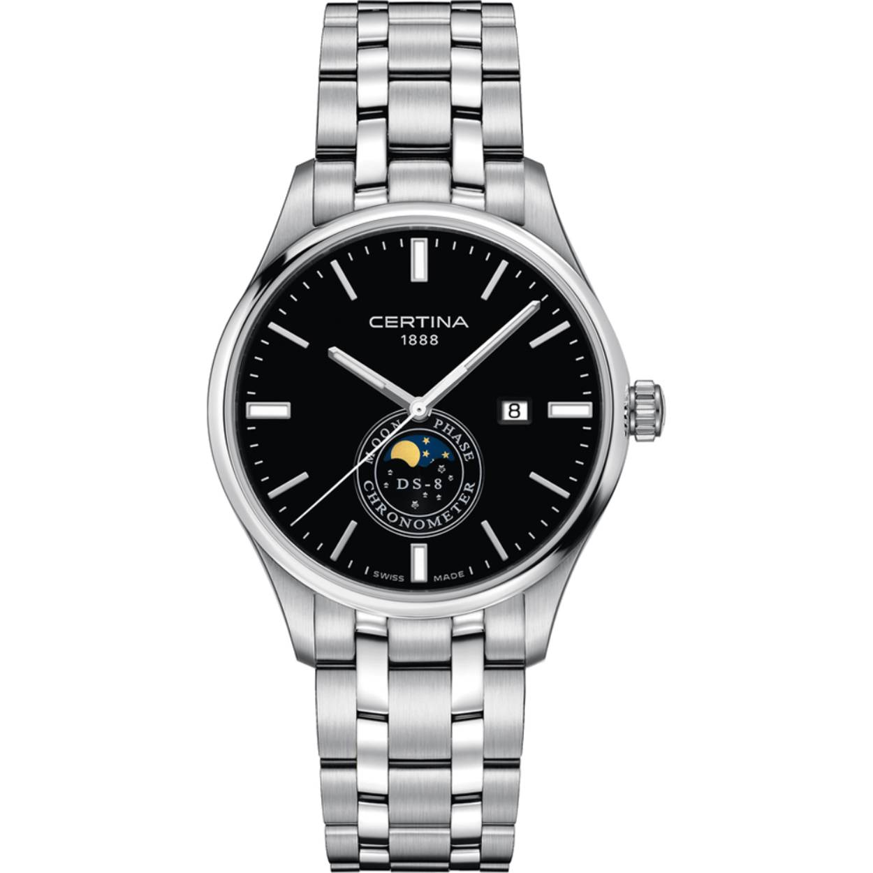 Certina combineert een klassieke maanfaseweergave met modern design in dit 41 mm chronometer gecertificeerde quartzhorloge. De eigentijdse, stijlvolle kast en wijzerplaat contrasteren perfect met de traditionele complicatie. Met een waterdichtheid van 10 ATM is dit prachtige herenhorloge zowel praktisch en betrouwbaar als het perfecte horloge voor elke dag.

 

Dit Certina horloge heeft een kast gemaakt van Roestvrijstaal met een diameter van 41 mm en is voorzien van een metalen band. In de kast bevindt zich een ETA kwaliteitsuurwerk en is afgewerkt met Saffierglas.

Het horloge is 10ATM. Dit betekent dat het horloge geschikt is om mee te zwemmen. Verder wordt het horloge geleverd met 3 jaar garantie.