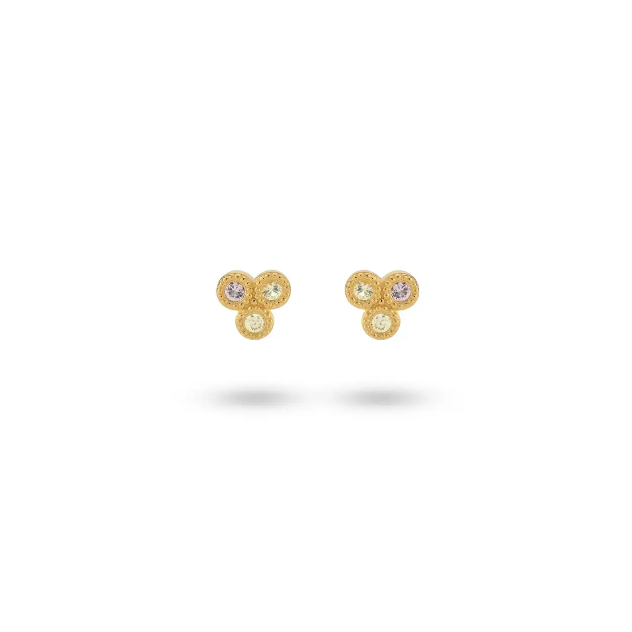 This classic ear stud consists of 3 small pastel colored stones. These earrings are perfect for your everyday look, and to make the best earparty! All 24Kae jewelry is designed by Kae Sutherland with love and eye for detail. So don't forget to treat them with love too. Each ring is characterized by its authenticity through a 24Kae engraving.

Details
- Length earring: 6 mm