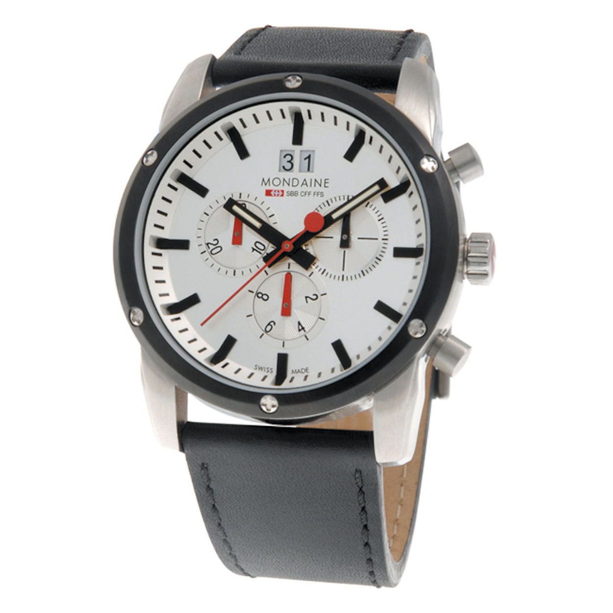 Mondaine Railway rond leren band 42 mm sportline CHrono MAT zilv plaat