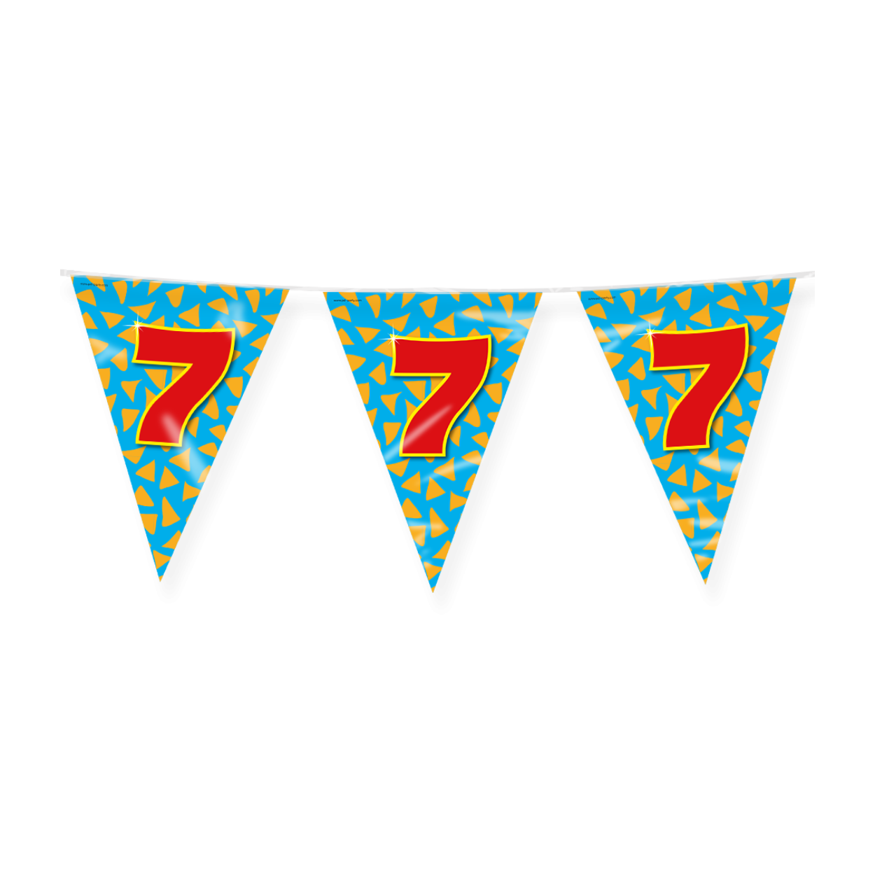 De Happy party flags 7 zijn de ideale versiering op de verjaardag van een 7-jarige. Door de vrolijke kleuren vallen deze party vlaggen dan ook extra goed op! De aan beide kanten bedrukte vlaggetjes zijn gemaakt van folie, hebben een lengte van 10 meter.
