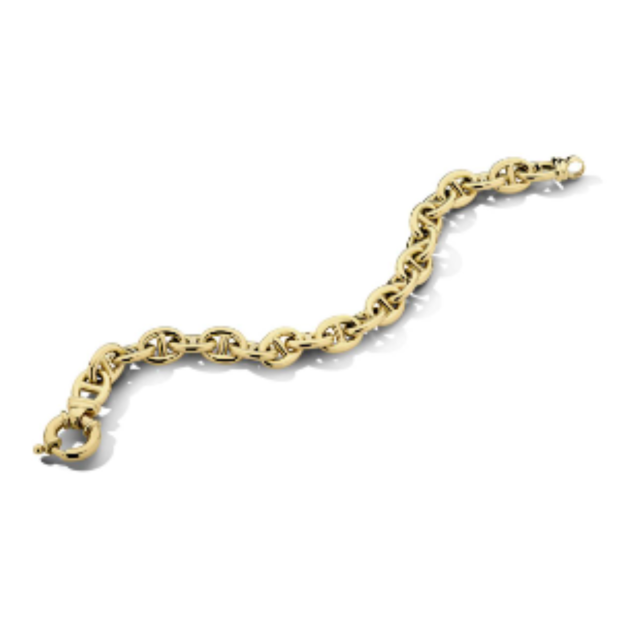 14k Geelgouden armband uitgevoerd met een groot veerslot. De armband heeft een draaglengte van 20.5cm. De schakelbreedte is 10 mm.