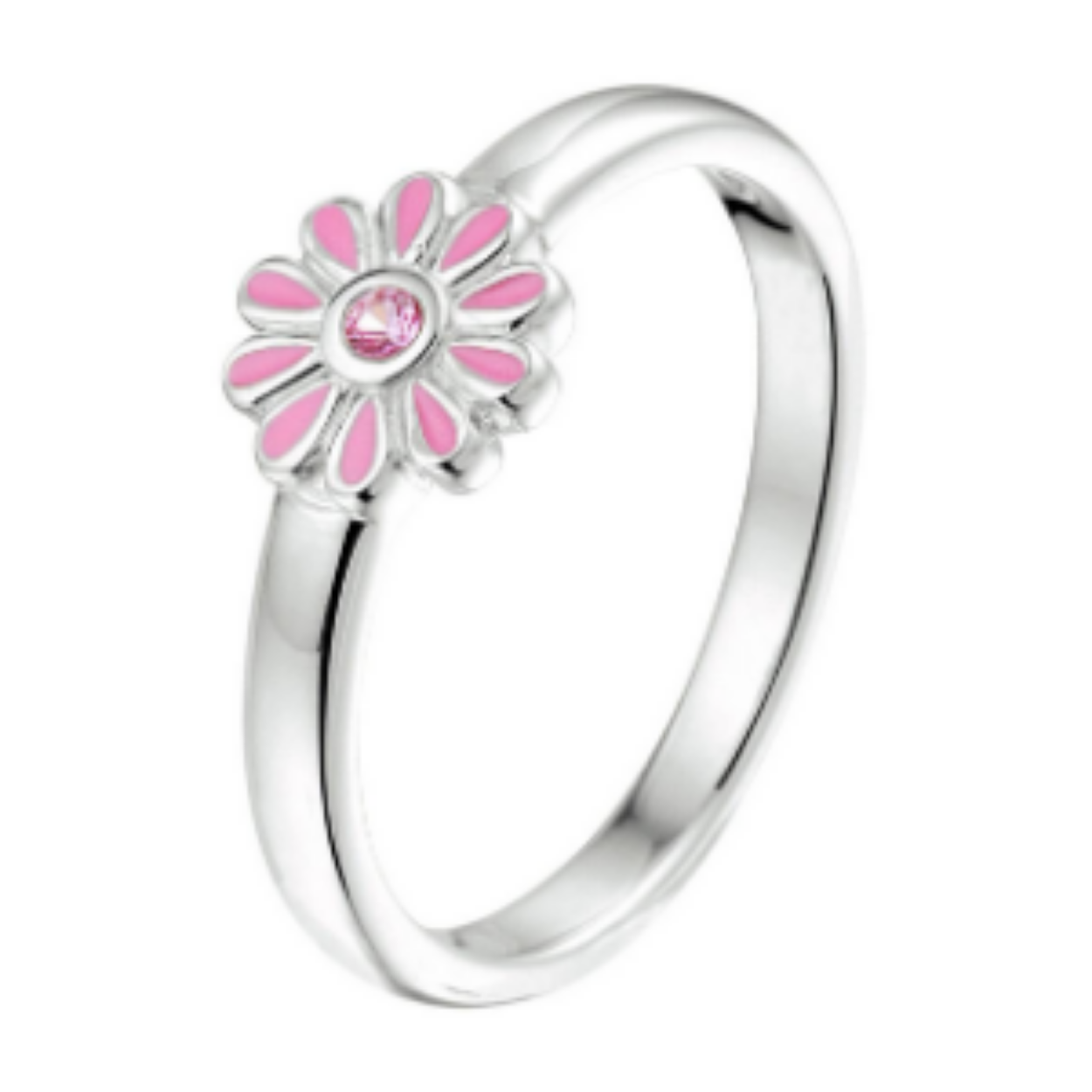 Gerhodineerd 925 zilveren ring uitgevoerd met een bloem met daarin een schitterende roze zirkonia. De ring heeft een breedte van 6.5mm.