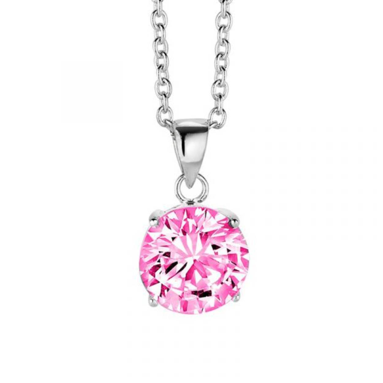  Zilveren collier met hanger - roze zirkonia rond 10 mm - lengte 40 + 5 cm 
