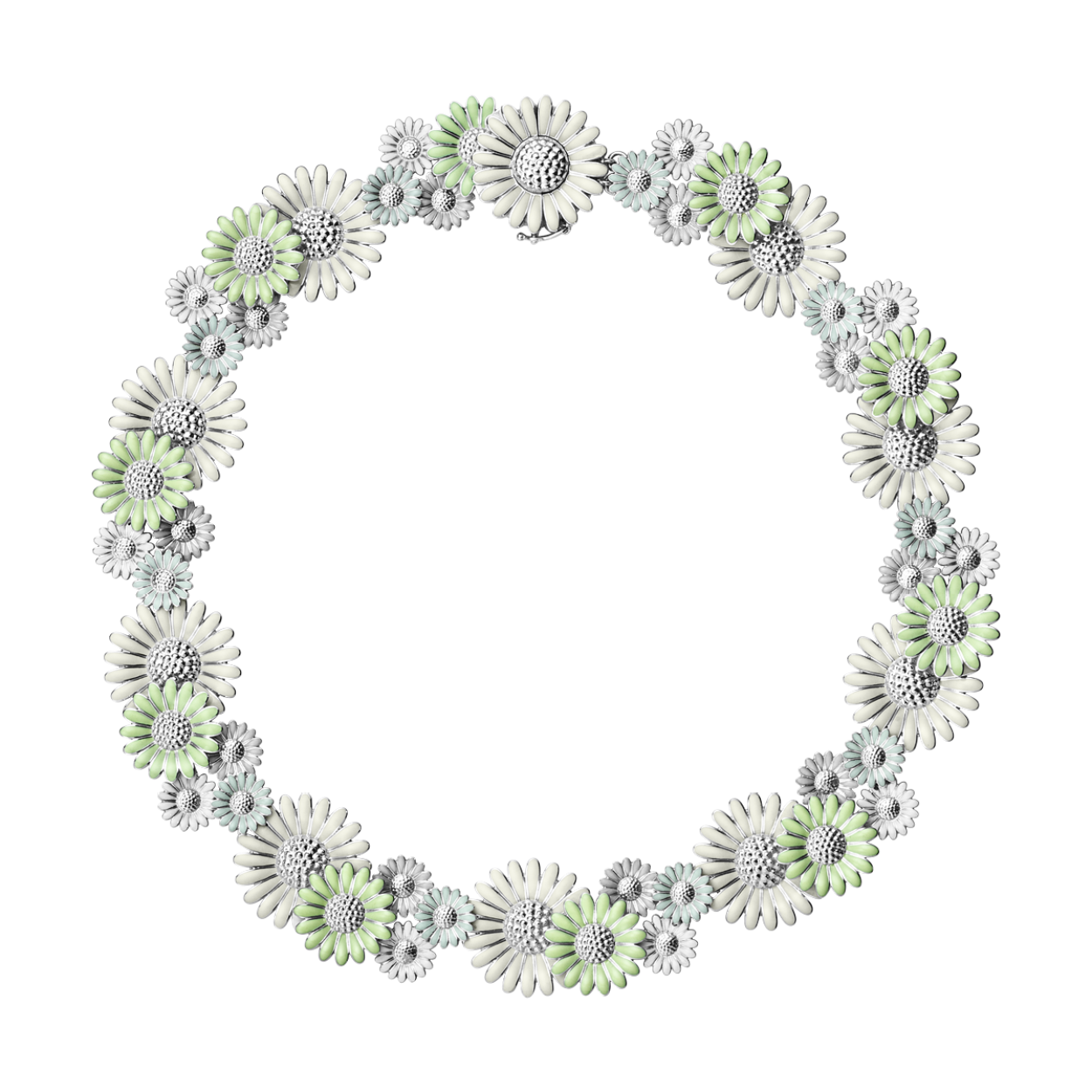 This necklace combines rhodium-plated sterling silver with hand-painted enamel in varying shades of greens and whites to make your style blossom. It’s a contemporary interpretation of the original Daisy collection, crafted in the 1940s and now reimagined in collaboration with Danish fashion designer Stine Goya. Incorporating some of Goya’s signature flare, the item features playfully rounded edges and bright pops of colour. The necklace features an integrated lock.