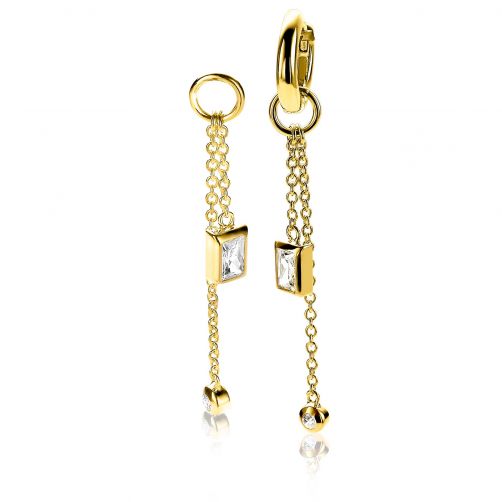 ZINZI zilveren trendy oorbedels (38mm) in 14K geelverguld met twee kettinkjes, die aan einde bezet zijn met witte zirconia's. De kettinkjes hebben verschillende lengten, voor een speels effect. Hang deze oorbedels sierlijk aan je zilveren Zinzi oorringen. De oorringen zijn niet bij de prijs inbegrepen. Vervaardigd van eerste gehalte zilver (925) en extra 14K geelverguld