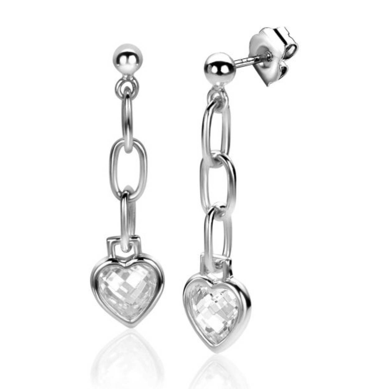 ZINZI zilveren oorstekers 27mm met paperclip schakels en hart wit zirconia ZIO2303
