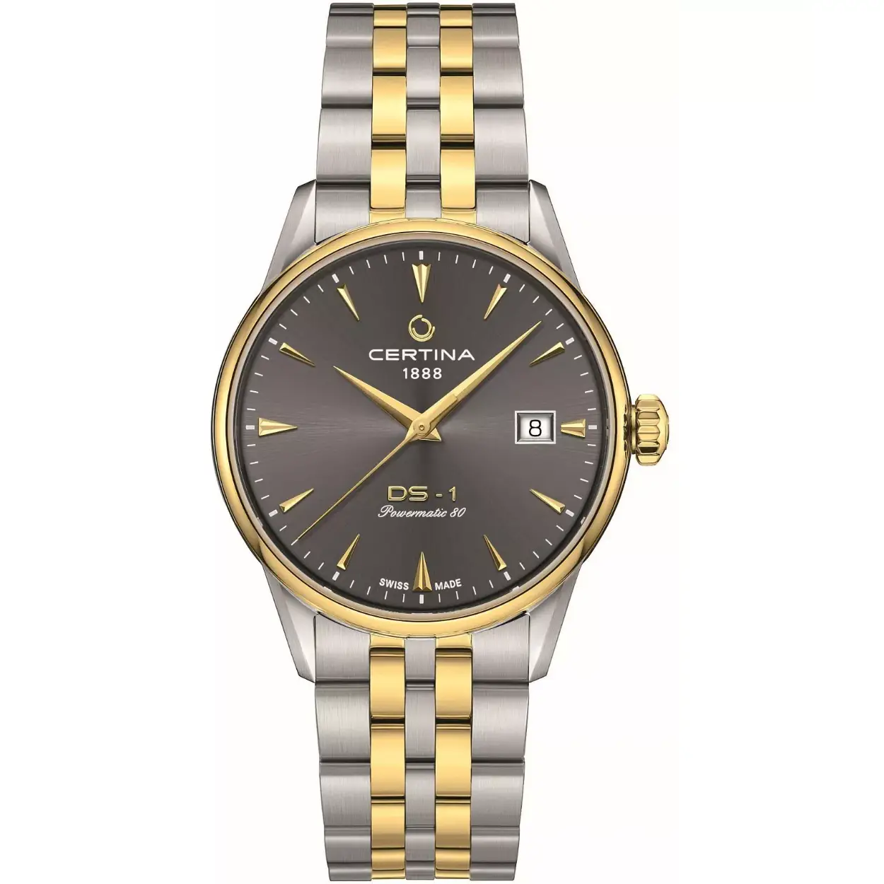 Details Certina C029.207.22.081.00 (C0292072208100)
The Certina C029.207.22.081.00 from the DS-1 Powermatic 80 line presents itself as a men's watch with an automatic movement, featuring a 316L stainless steel envelope with a PVD silver-gold finish. This model features a gray dial with a date display, and a transparent bezel allows you to admire the operation of the mechanism. A sapphire crystal glass with anti-reflective coating protects the watch, ensuring its durability and legibility. The watch is waterproof to 100 meters, making it suitable for a variety of activities.