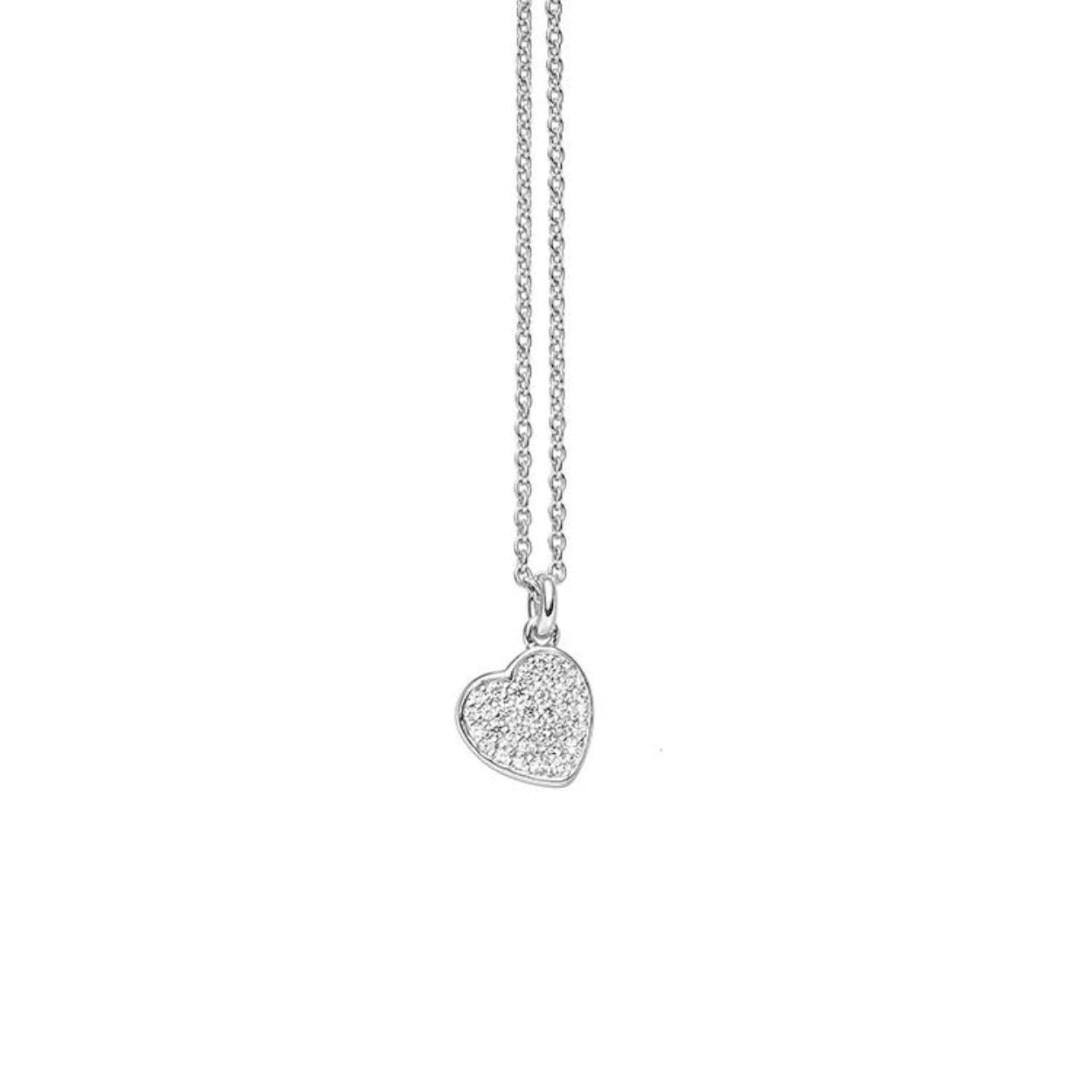 Zilveren collier met hart hanger bezet met zirkonia's.