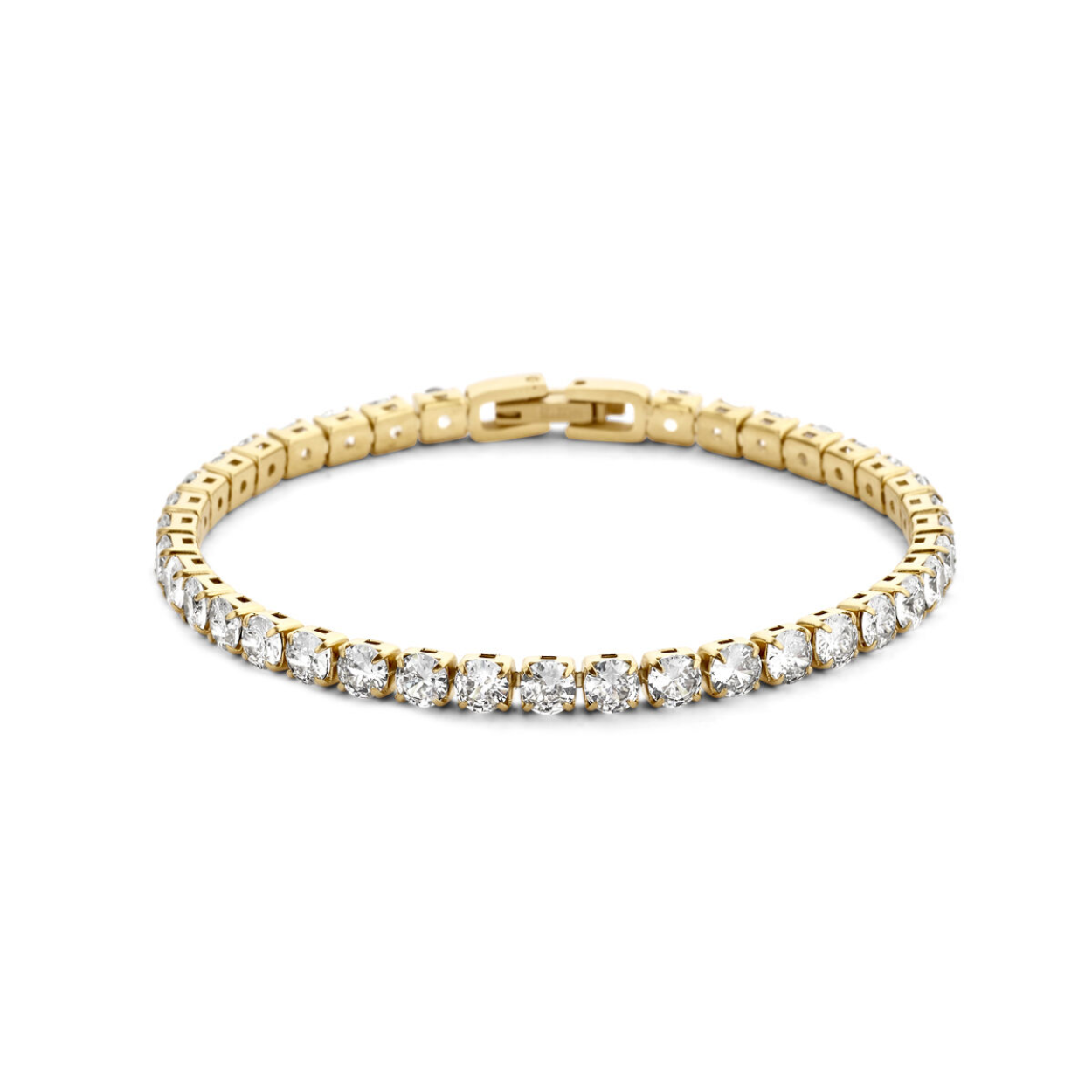 Stalen tennisarmband met een goudkleurige ion plating en een schitterende zirkonia rij. De armband heeft een draaglengte van 18cm en een breedte van 4mm. Geen garantie op plating.