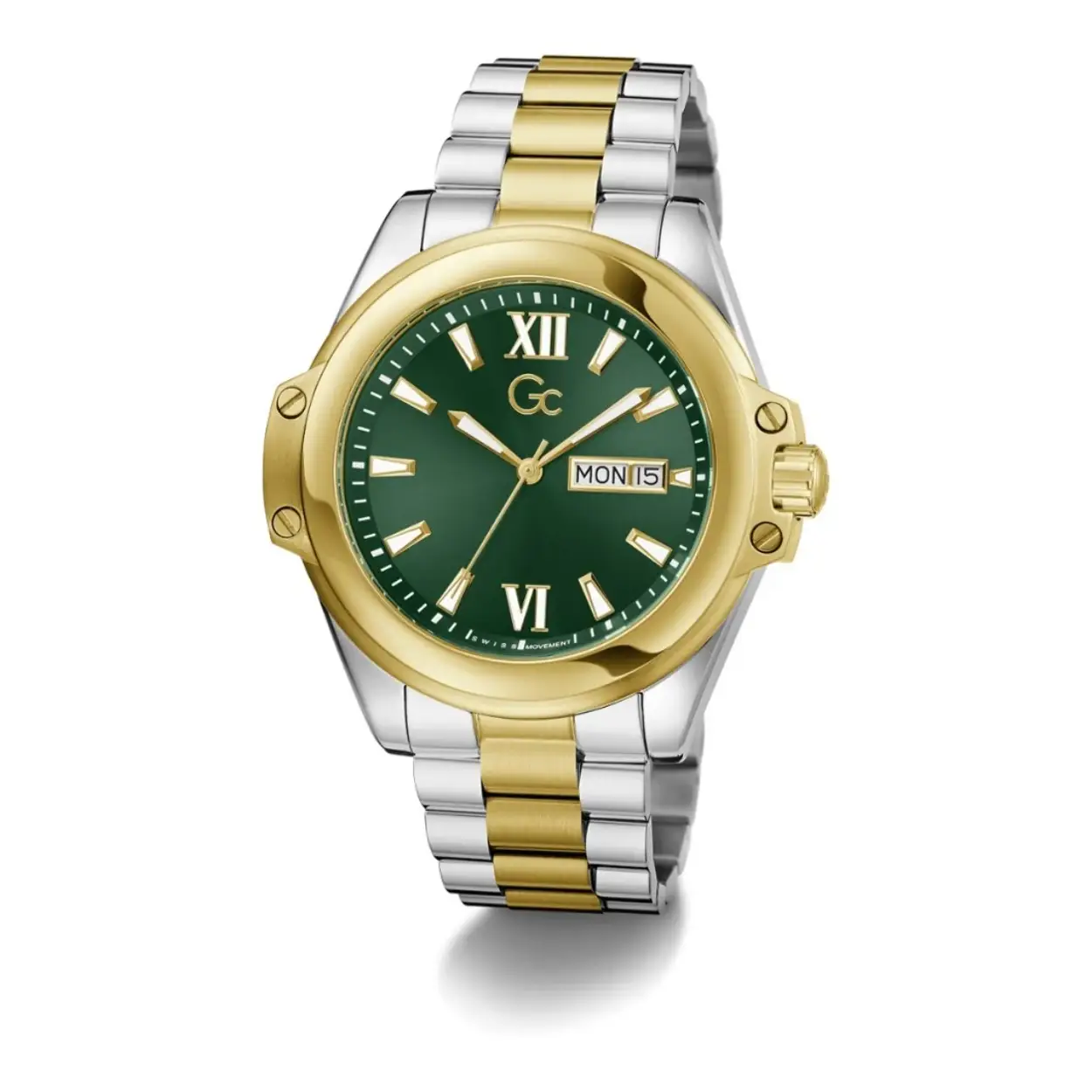 Goud- en zilverkleurig herenhorloge van Gc met donkergroene wijzerplaat en dag- en datum aanduiding. Het horloge combineert elegantie met functionaliteit en straalt verfijning uit. De bicolor afwerking zorgt voor een tijdloze uitstraling die bij elke gelegenheid past. De wijzers zijn voorzien van Super-LumiNova coating en de schroefdetails op de kast maken dit model helemaal af.