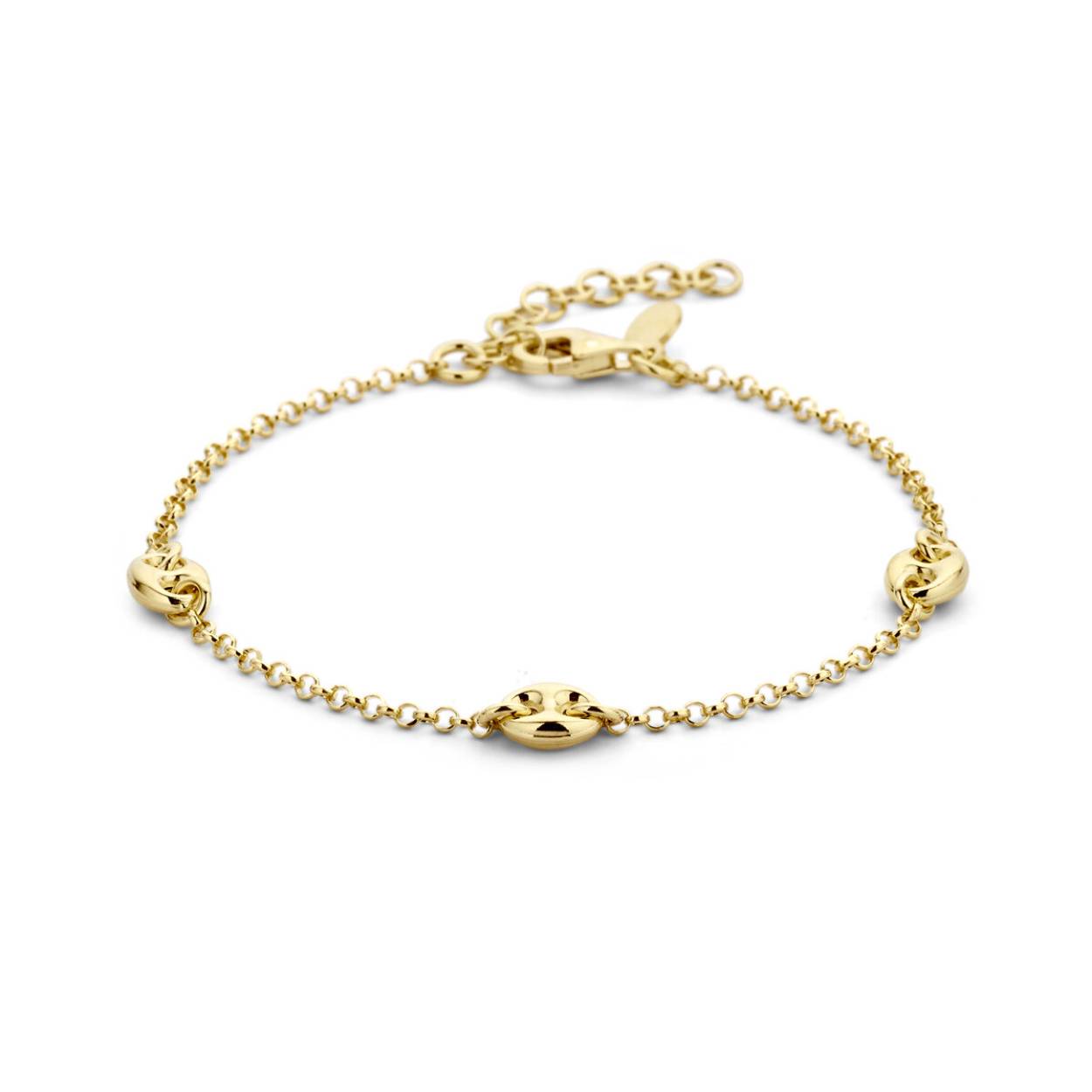 Geelgoud op 925 zilveren armband met schakelachtige elementen van 5.5x7mm. De armband heeft draaglengte van 16cm en een extensie van 3cm. Uitgevoerd met een karabijn sluiting.