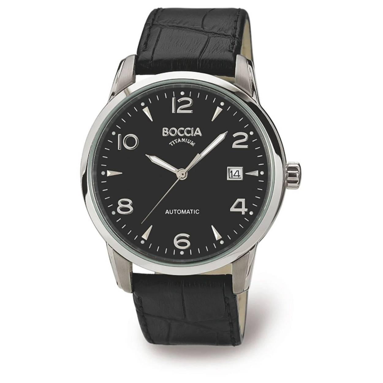 Het Boccia herenhorloge van puur titanium met krasbestendig mineraalglas biedt een ongewoon, individueel design. Een geschroefde glazen bodem met zicht op het uurwerk en de zwarte leren band met krokodillen-reliëf zijn unique selling points. De gematteerde titanium gesp zorgt voor eenvoudig openen en sluiten.