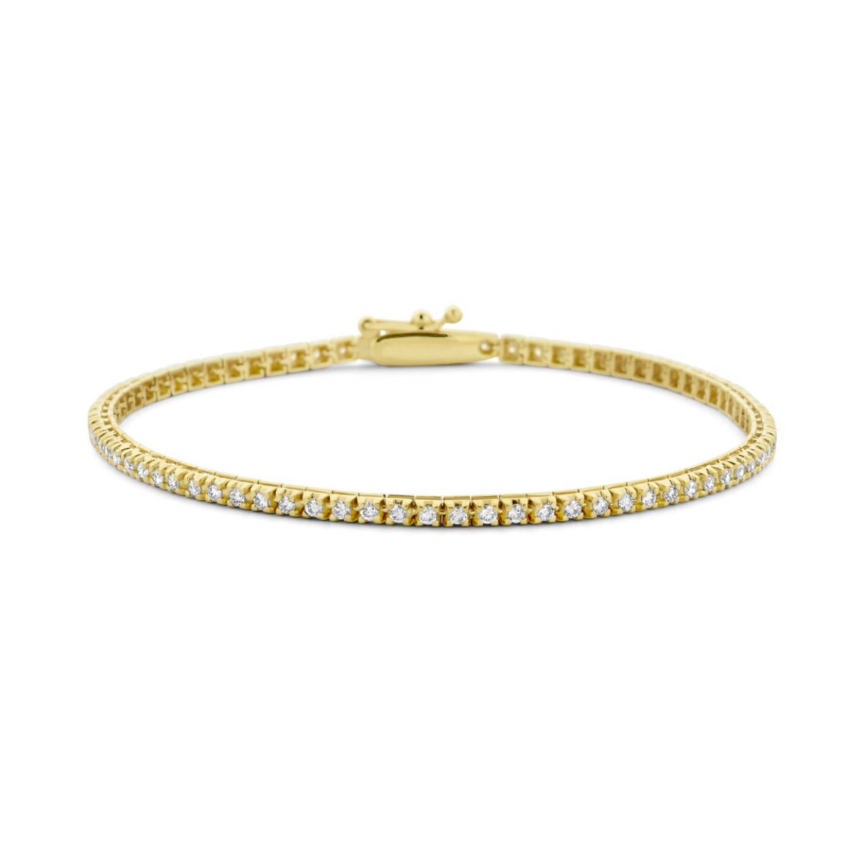 My Style Diamonds 14k Geelgouden tennisarmband uitgevoerd met schitterende diamanten. De tennisarmband heeft een draaglengte van 18 cm en een schakelbreedte van 2,2 mm. Het diamantgewicht is 1.53crt. De armband is voorzien van twee veiligheidsachtjes.
Every Diamond tells a story