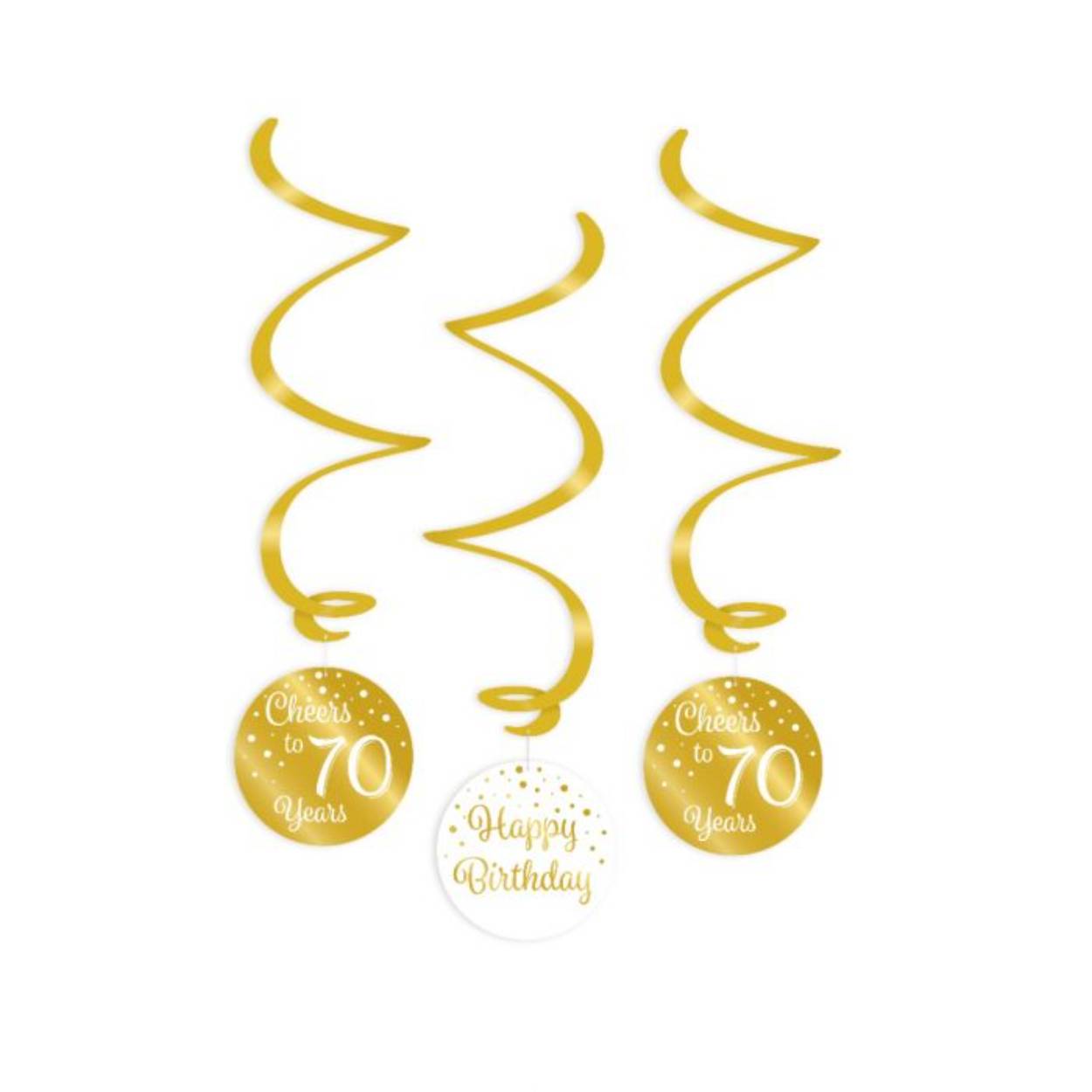Een luxe feestje kan niet zonder deze gold/white swirl decorations en deze met opdruk 70 maakt het feestje echt af! Deze unieke goud witte swirls zijn gemaakt van plastic en papier en zijn ongeveer 17 centimeter lang.