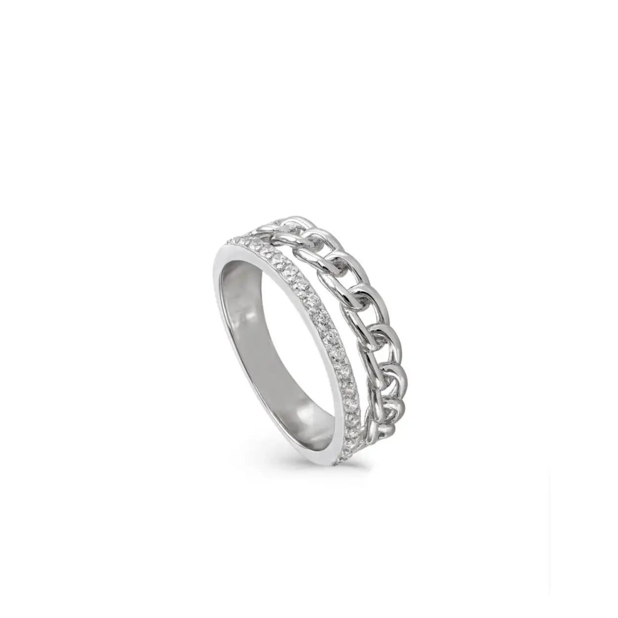 This charming silver ring features a dual design that combines the elegance of double zirconia rails with the modernity of a link design. The polished silver highlights the sophistication, while the zirconias add a touch of subtle sparkle. The fusion of these elements creates a unique and versatile piece that balances simplicity with glamour.