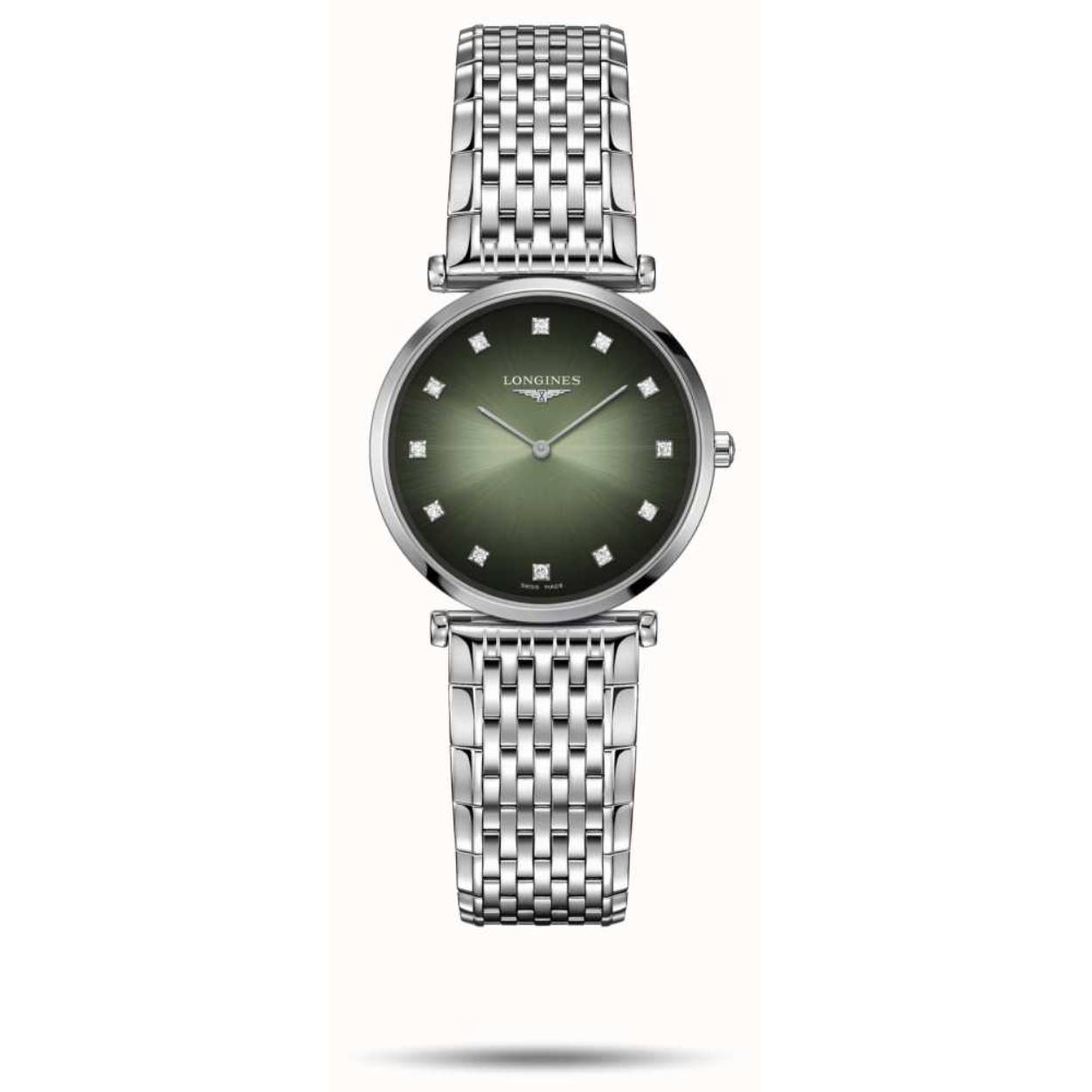 Deze Longines La Grande Classique L45124926 is een elegant horloge met een tijdloos design. Het heeft een groene/grijze wijzerplaat en een diamanten indexering. De kast is gemaakt van roestvrij staal en de band is van zwart leer. Draag dit horloge bij formele gelegenheden of casual outfits voor een verfijnde uitstraling. Maak je look compleet met dit prachtige Longines horloge.