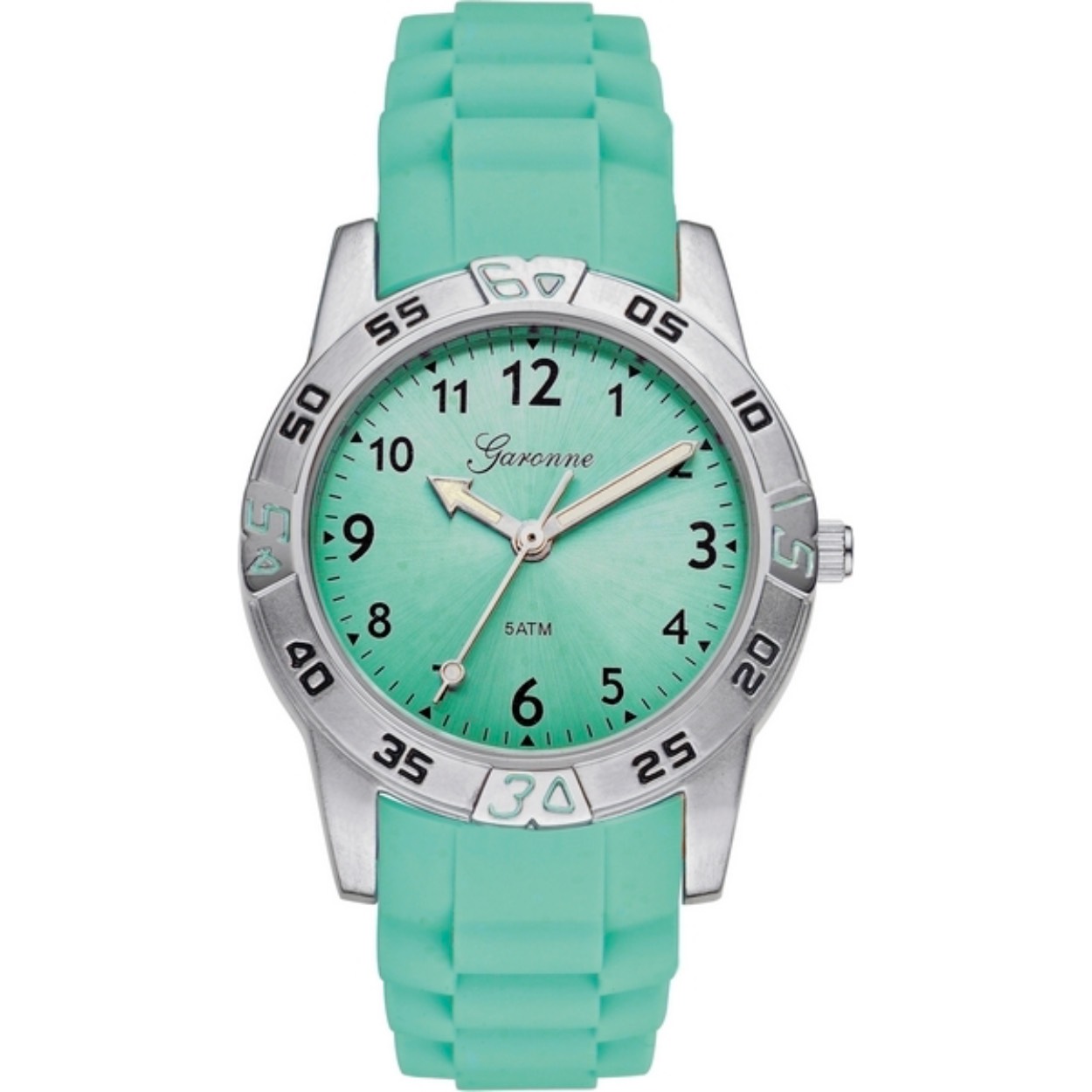 Garonne  kinderhorloge in een turquoise kleur. De ronde ast heeft een diameter van 32 mm en heeft een zilverkleurige rand. Het horloge heeft een turquoise wijzerplaat en een duidelijke tijdsaanduiding. De band is van silicone.