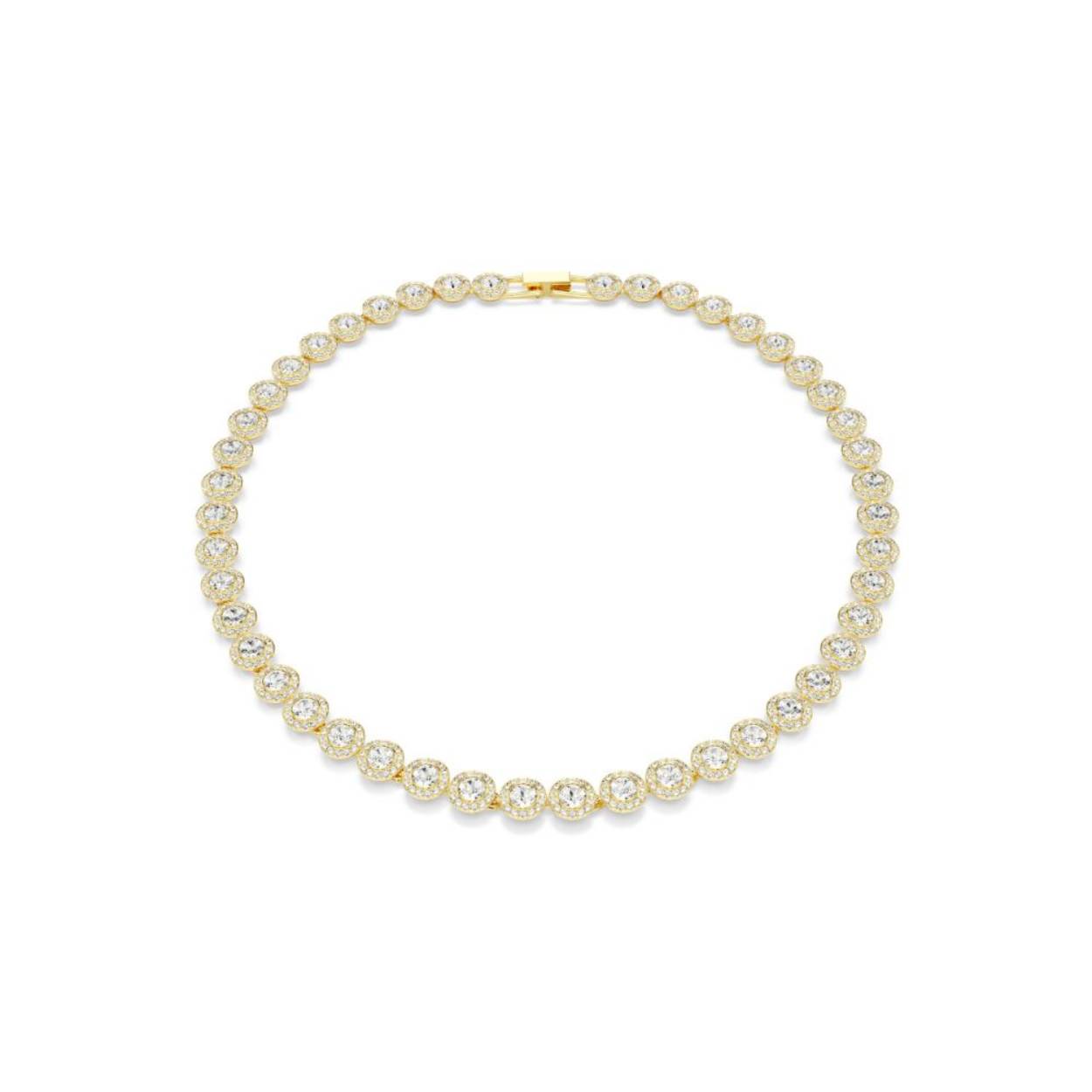 Deze stralende Una-ketting, die een look van tijdloze elegantie belichaamt, is een van Swarovski’s meest geliefde silhouetten. Het ontwerp met goudkleurige toplaag is voorzien van een rij grote kristallen in Round-slijpvorm die zijn omlijst door een ring van heldere pavé. De vouwsluiting zorgt voor een naadloze afwerking, terwijl u met het extra extender het sieraad kunt aanpassen aan uw comfort en maat. Een perfecte manier om uw stijl van dag tot nacht extra glans te geven.