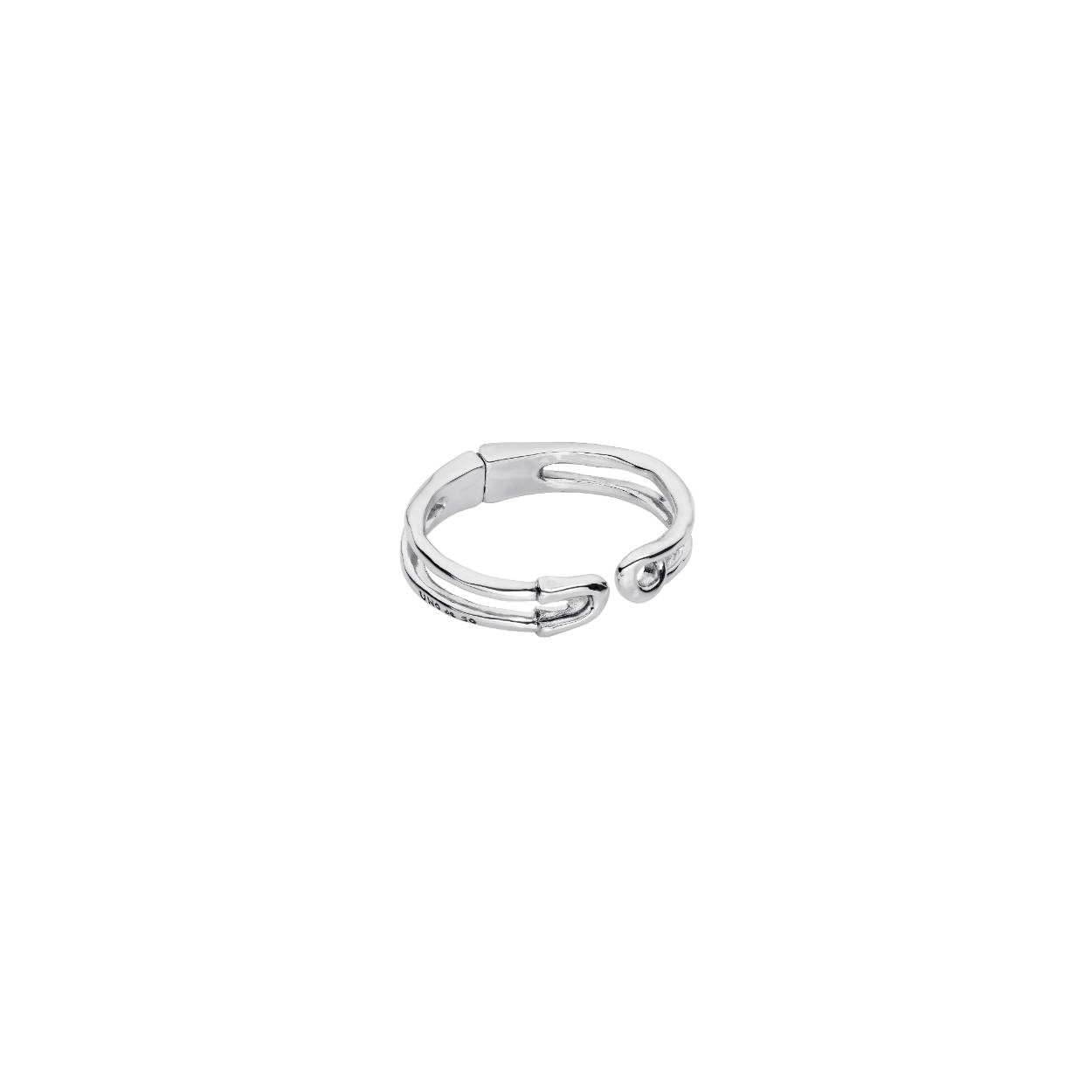 Verzilverde armband met veiligheidsspeld vorm. Heeft scharnier en is open aande bovenzijde. Diameter 57mm