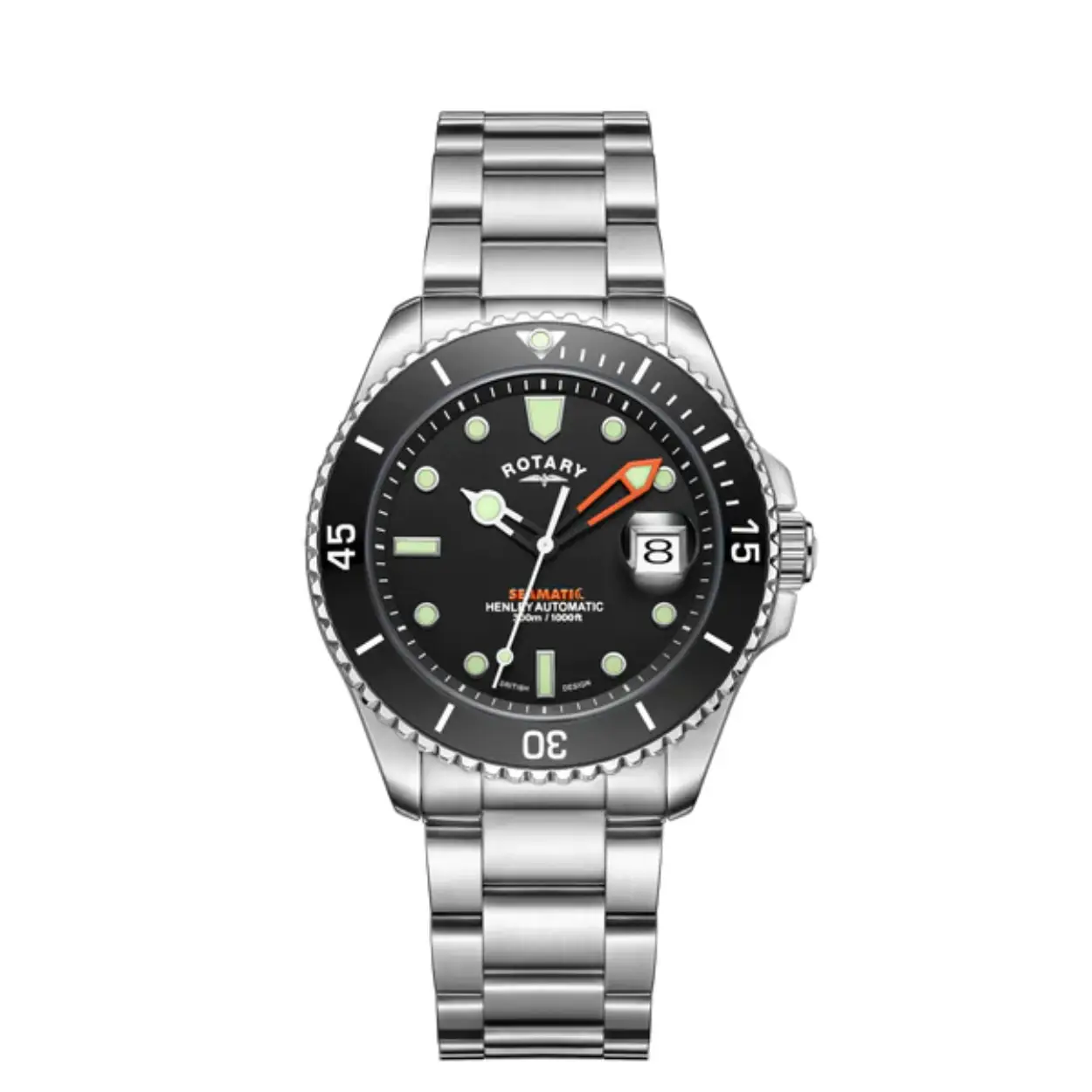 This Seamatic divers watch is a stunning display of clean design with impressive specification. Featuring a 316L stainless steel case, 3 link bracelet and Divers Z clasp for optimised security, this is a stylish addition to the wrist. The black dial, which displays luminous applied indices of varying shapes, also hosts open hour-minute hands with striking orange detailing, all protected beneath sapphire glass which has a cyclops magnifier over the date window.

This timepiece also features a black ceramic unidirectional bezel for the best possible underwater timekeeping. On the side of the 42mm case is a screw-down crown, kept secure from rough bangs thanks to a crown guard. Powered by a reliable Miyota 8215 movement, the watch is water resistant to 300m.