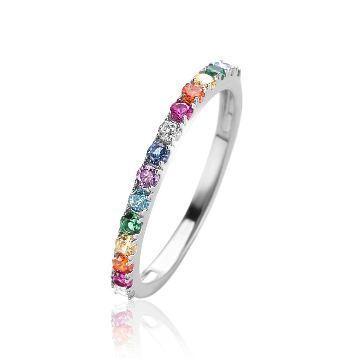 ZINZI zilveren aanschuifring van 2mm breed met een regenboog aan kleurstenen. Een kleurrijke en symbolische ring! De ring is vervaardigd van eerste gehalte zilver (925) en extra gerodineerd.