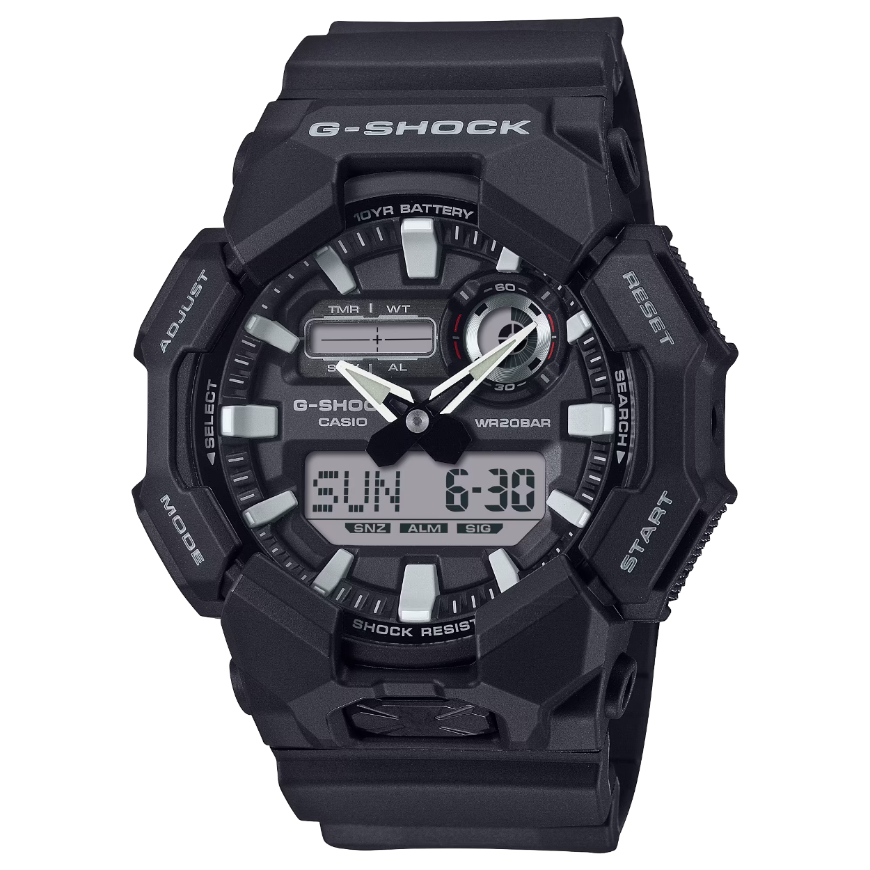 Enjoy a life of fewer battery changes with a large-case G-SHOCK with a 10-year battery you won’t have to worry about for ages.

The analog-digital GA-010 delivers handy features like world time and stopwatch, as well as a high-brightness LED light, which can be easily accessed from the large button on front of the case, ensuring visibility even in the dark.

Made with bio-based resin and equipped with a 10-year battery, this G-SHOCK is great if you want to reduce environmental impact.

Available in a selection of black-based workstyle color schemes for a cool design that moves with ease from casual settings to work situations.