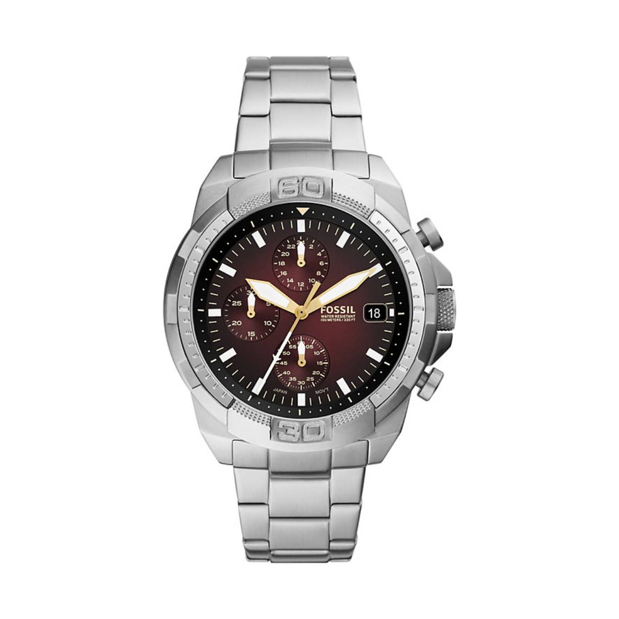 Fossil horloge met stalen kast 
roodkleurige/ bruinige wijzerplaat
Stalen schakelband
5 ATM waterdicht